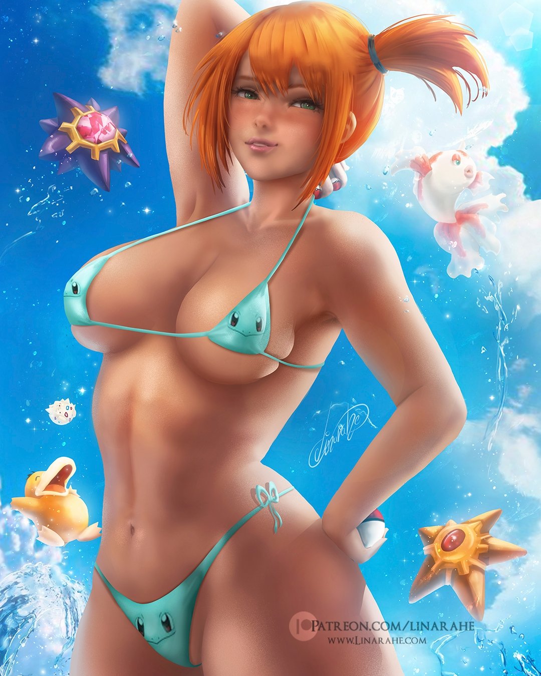 alternate_breast_size big_breasts bikini breasts goldeen huge_breasts kasumi_(pokemon) large_breasts legs linarahe orange_hair pokemon pokemon_rgby psyduck red_hair short_hair starmie staryu togepi