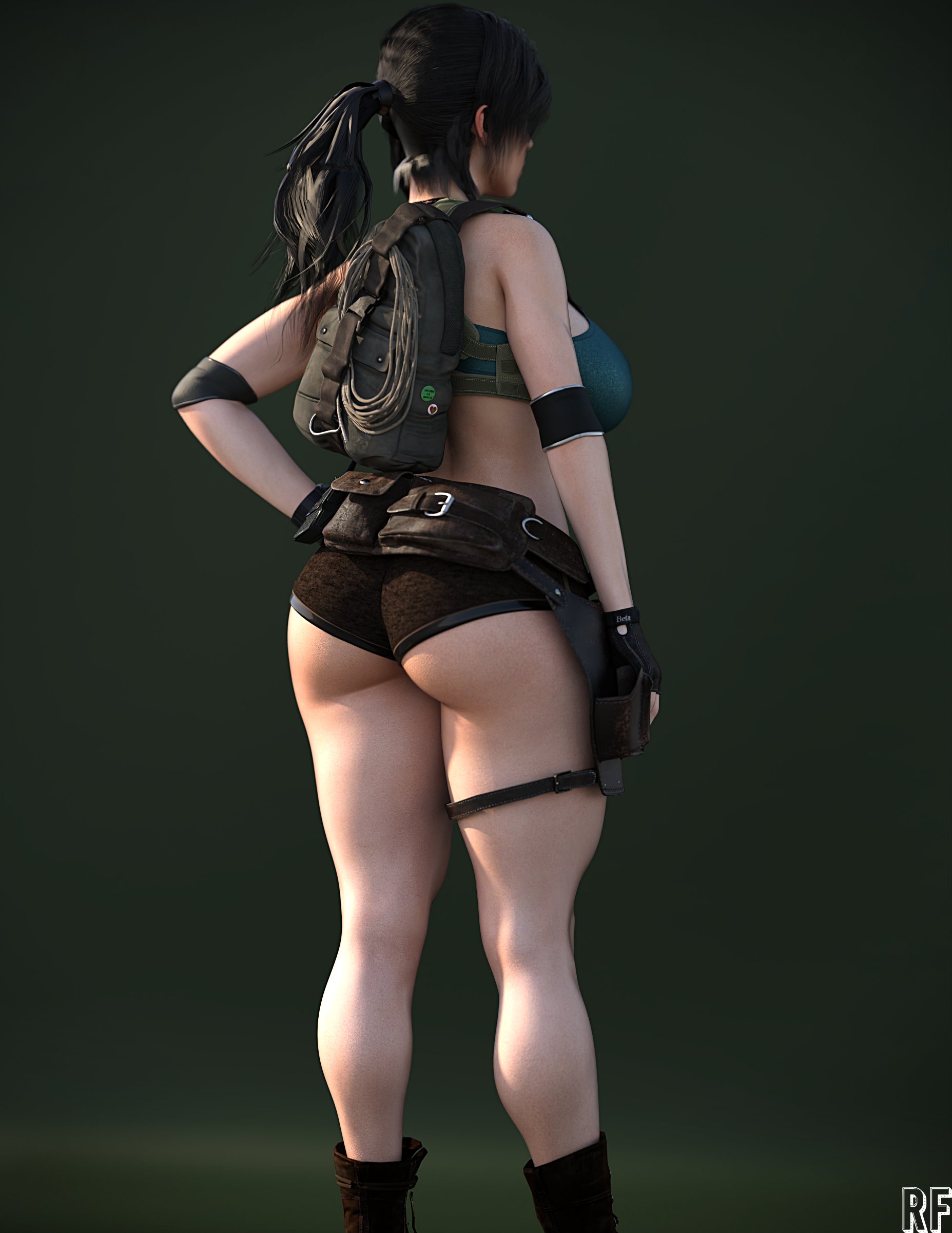 1girls, 3d, ass, back view, backpack, big ass, black hair, clothed, female, female only, gloves, hand on hip, lara croft, lara croft (survivor), looking away, ponytail, rude frog, short shorts, shorts, skin tight, solo, sports bra, tactical gear, tight clothing, tomb raider, tomb raider (survivor)