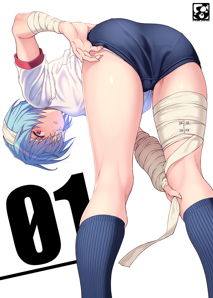 ass, bandage, bending over, clothing, female, gym uniform, looking at viewer, neon genesis evangelion, rei ayanami, shorts