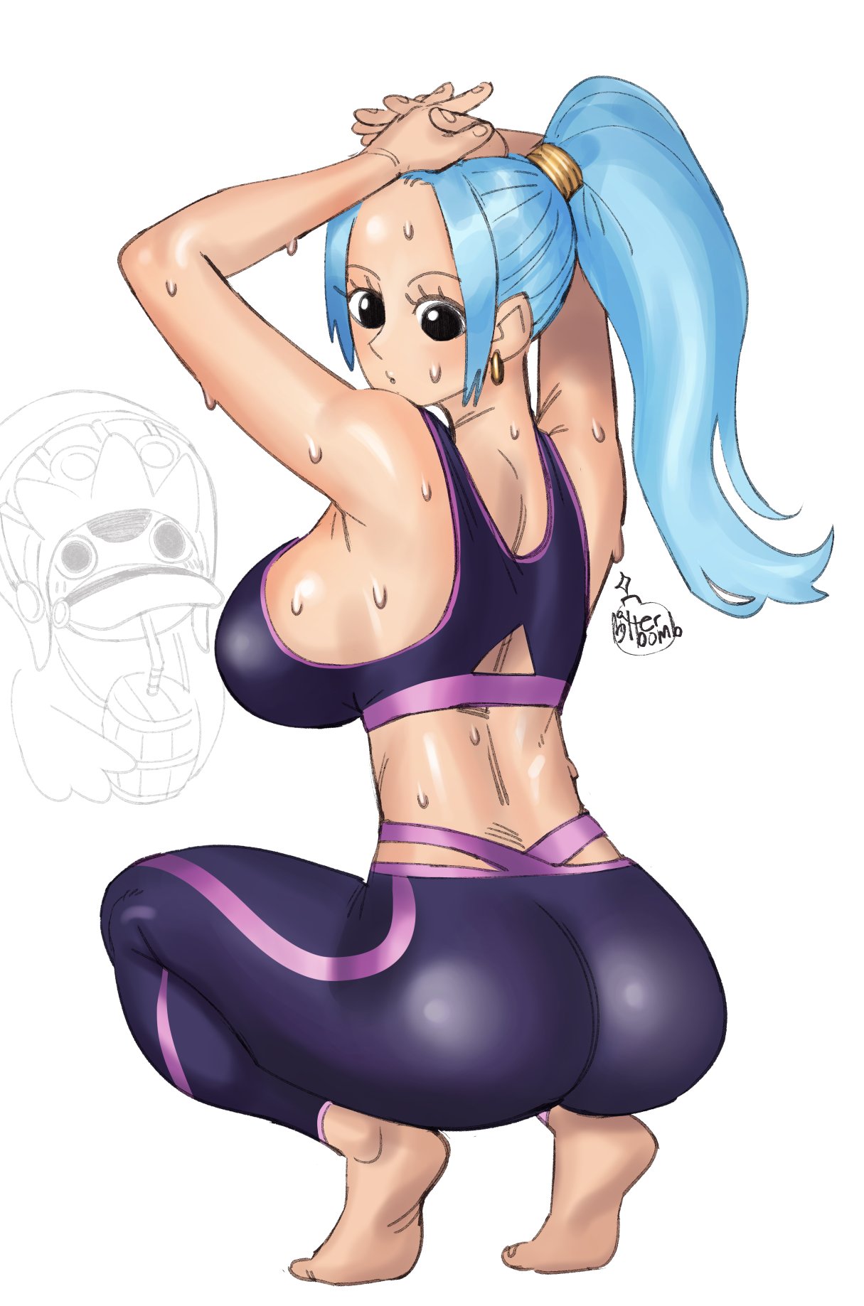 1boy 1girls animal ass back_view barefoot bitterbomb black_eyes blue_hair clothed dat_ass earrings exercise female female_focus gym_clothes hands_above_head hands_on_head karoo large_ass large_breasts looking_back nefertari_vivi one_piece ponytail sideboob skin_tight solo_focus sports_bra squats squatting sweat sweet_dynamite tight_clothing tight_pants tiptoes wet_skin working_out workout_clothes