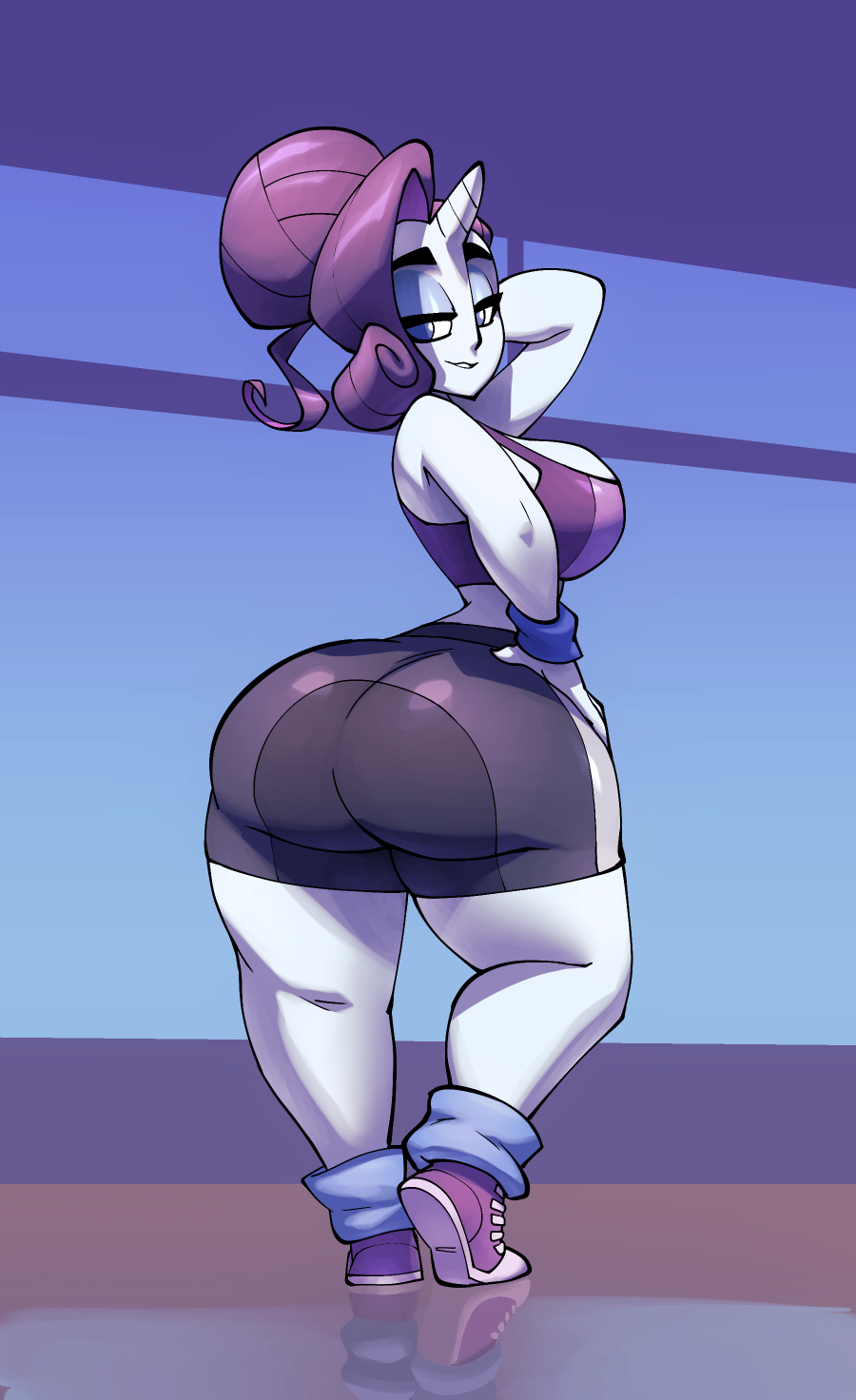 ass, big ass, big breasts, bigdad, breasts, exercise clothing, female, female focus, female only, friendship is magic, hasbro, huge ass, looking at viewer, looking back, my little pony, rarity (mlp), sideboob, solo, straight hair, thick thighs