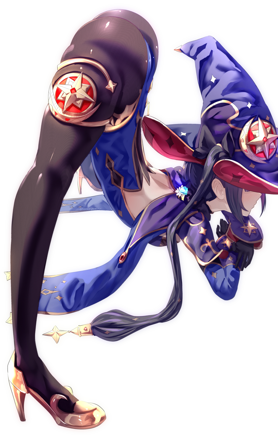 1girls, 2021, arched back, ass, ass focus, ass shot, ass up, bending over, bent over, black hair, bubble ass, bubble butt, female, female focus, female only, flexible, genshin impact, hair ornament, hat, heels, high heels, highleg leotard, huge ass, jack-o pose, large hat, leggings, leotard, long hair, long legs, mona (genshin impact), pantyhose, shoes, side view, simple background, standing, stretching, twintails, uenoryoma, white background, witch hat