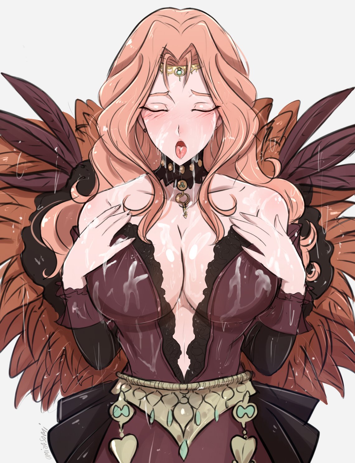 1girls artist_name bangs bare_shoulders belt breasts brown_dress center_opening choker circlet cleavage closed_mouth collarbone cornelia_arnim cum cum_everywhere cum_on_body cum_on_breasts cum_on_face detached_sleeves dress feathers female female_only fire_emblem fire_emblem:_three_houses forehead_jewel green_eyes hands_on_own_chest hands_over_breasts hands_up highres large_breasts lewdapplez long_hair looking_at_viewer navel nintendo omiza_somi open_mouth orange_hair parted_bangs plunging_neckline simple_background solo strapless strapless_dress suggestive_fluid tongue tongue_out upper_body wavy_hair wet white_background