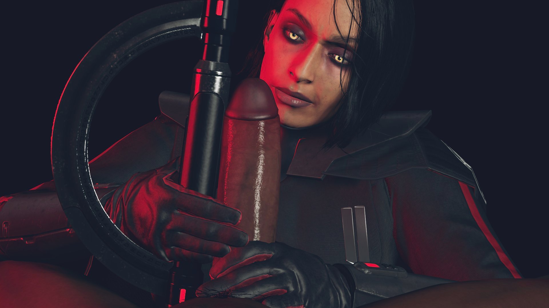 1girls, 3d, artist request, big penis, black hair, dark skin, dark-skinned male, dick, female, gloves, hand on penis, holding penis, huge cock, inquisitor (star wars), jedi: fallen order, leather gloves, lightsaber hilt, male, penis, penis measuring, second sister, sfm, source filmmaker, star wars, touching penis, trilla suduri, yellow eyes