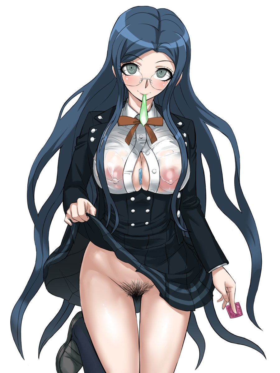 akisora akizora bangs black_jacket blazer blue_eyes blue_hair blush bottomless breasts cleavage clothes_lift commentary_request condom condom_in_mouth condom_wrapper danganronpa danganronpa_(series) danganronpa_v3:_killing_harmony female female_pubic_hair glasses highres holding holding_condom jacket large_breasts lifted_by_self long_hair mouth_hold neck_ribbon nipples no_panties no_panties_under_skirt nopan orange_ribbon parted_bangs pleated_skirt pubic_hair pussy ribbon school_uniform see-through see-through_shirt shirogane_tsumugi shirt simple_background skirt skirt_lift smooth_skin solo thighs used_condom white_background white_shirt