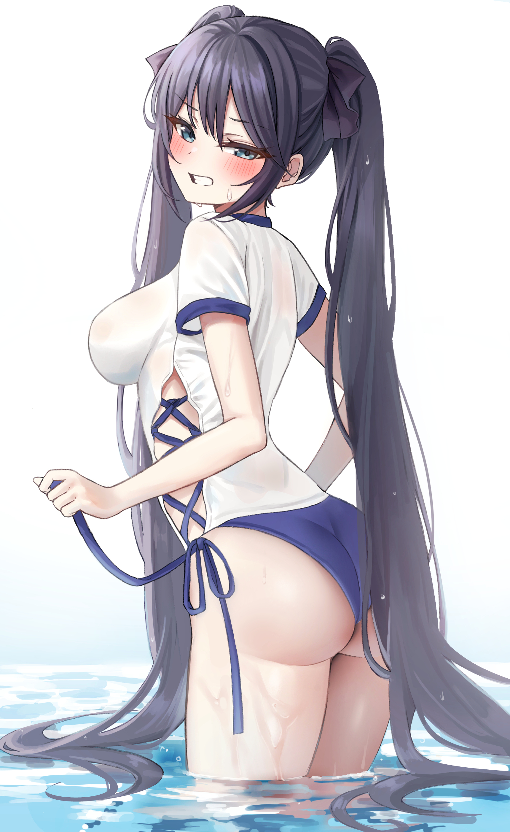 1girls, ass, biya, blue eyes, blush, breasts, female, female only, genshin impact, gym uniform, hair ribbon, highres, long hair, looking at viewer, mona (genshin impact), thighs, twintails, very long hair, water, wet clothes, wet hair, wet skin, young