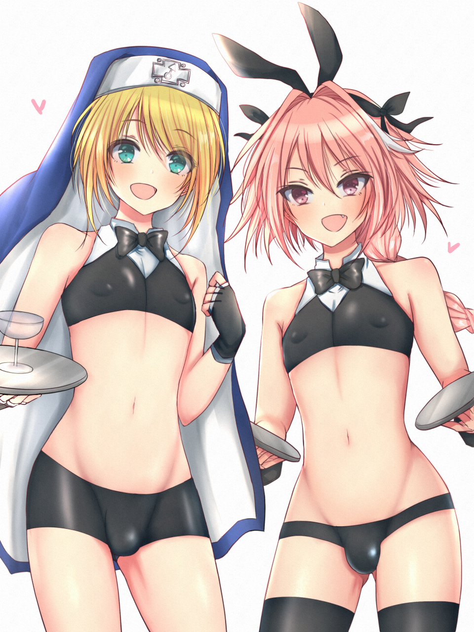 2021 2boys astolfo_(fate) blonde_hair blush braided_hair bridget bridget_(guilty_gear) bulge crossover eye_contact fate/grand_order fate_(series) femboy fingerless_gloves girly gloves guilty_gear long_hair looking_at_viewer male male_only momoyama nipple_bulge pink_hair standing thighs