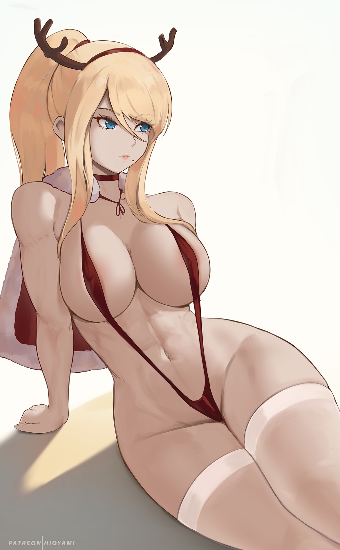 1girls, abs, athletic, athletic female, big breasts, blonde hair, blue eyes, breasts, christmas, christmas clothing, christmas outfit, cleavage, female, female only, fit, fit female, hair, headwear, hioyami, hips, huge breasts, legwear, lips, metroid, mole, muscular, muscular female, nintendo, ponytail, red sling bikini, samus aran, skimpy, skimpy bikini, sling bikini, solo, solo female, swimwear, thick thighs, thighhighs, thighs, toned, toned female, white thighhighs, wide hips