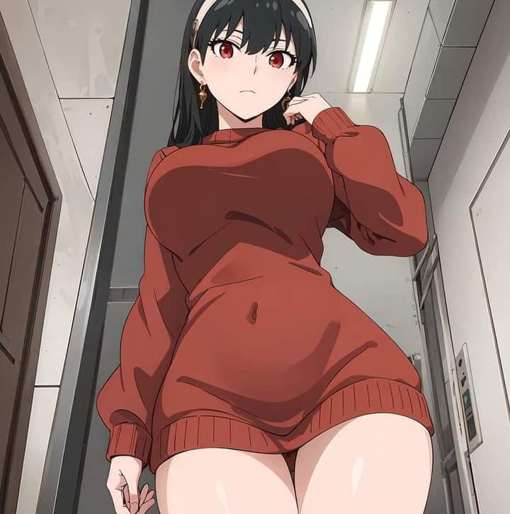 1girls, ai generated, big breasts, black hair, breasts, earrings, female, female only, hips, human, long hair, looking at viewer, looking down, navel, navel visible through clothes, no panties, pov, red eyes, solo, spy x family, thighs, whirlpai, yor briar