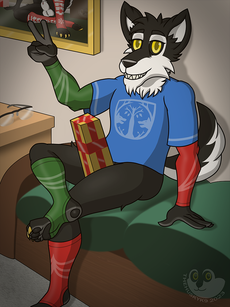 2023 3:4 4_toes 5_fingers anthro arm_warmers armwear athletic athletic_anthro athletic_male black_body black_fur black_nose black_pawpads black_sclera bottomless bottomless_anthro bottomless_male canid canine canis christmas claws clothed clothing cushion desk digital_drawing_(artwork) digital_media_(artwork) domestic_dog e621_post_recursion eyewear feet fingers footwear fur furniture gesture gift glasses grin holidays husky looking_at_viewer male mammal neck_tuft nordic_sled_dog painted_claws pawpads shirt sitting smile solo spitz suggestive table thehuskyk9 thehuskyk9_(artist) toe_claws toes topwear tuft v_sign white_body white_fur yellow_eyes