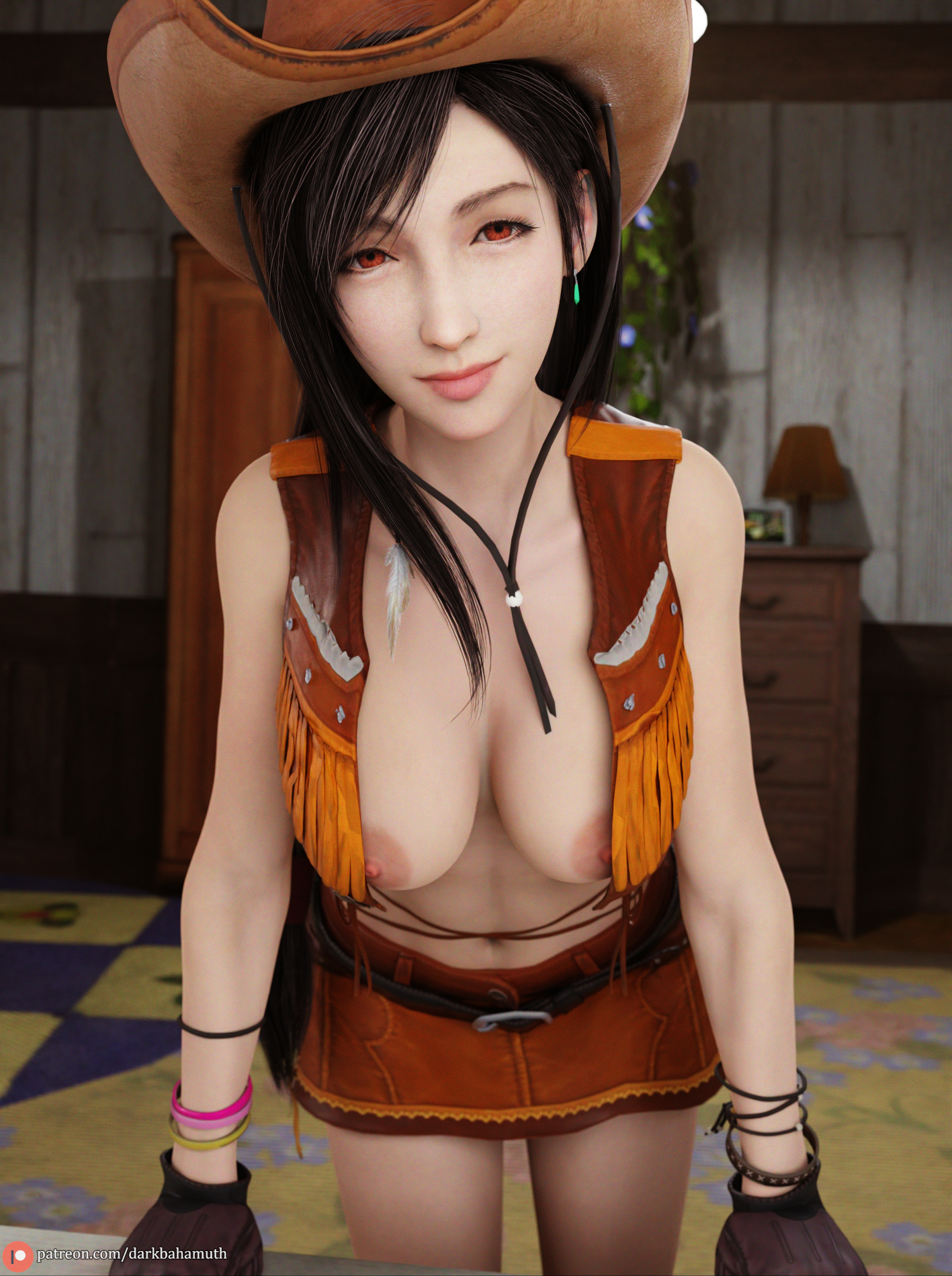 3d, cowboy hat, cowgirl, cowgirl hat, cowgirl outfit, darkbahamuth, female, final fantasy, final fantasy vii, hat, pinup, tifa lockhart, video games