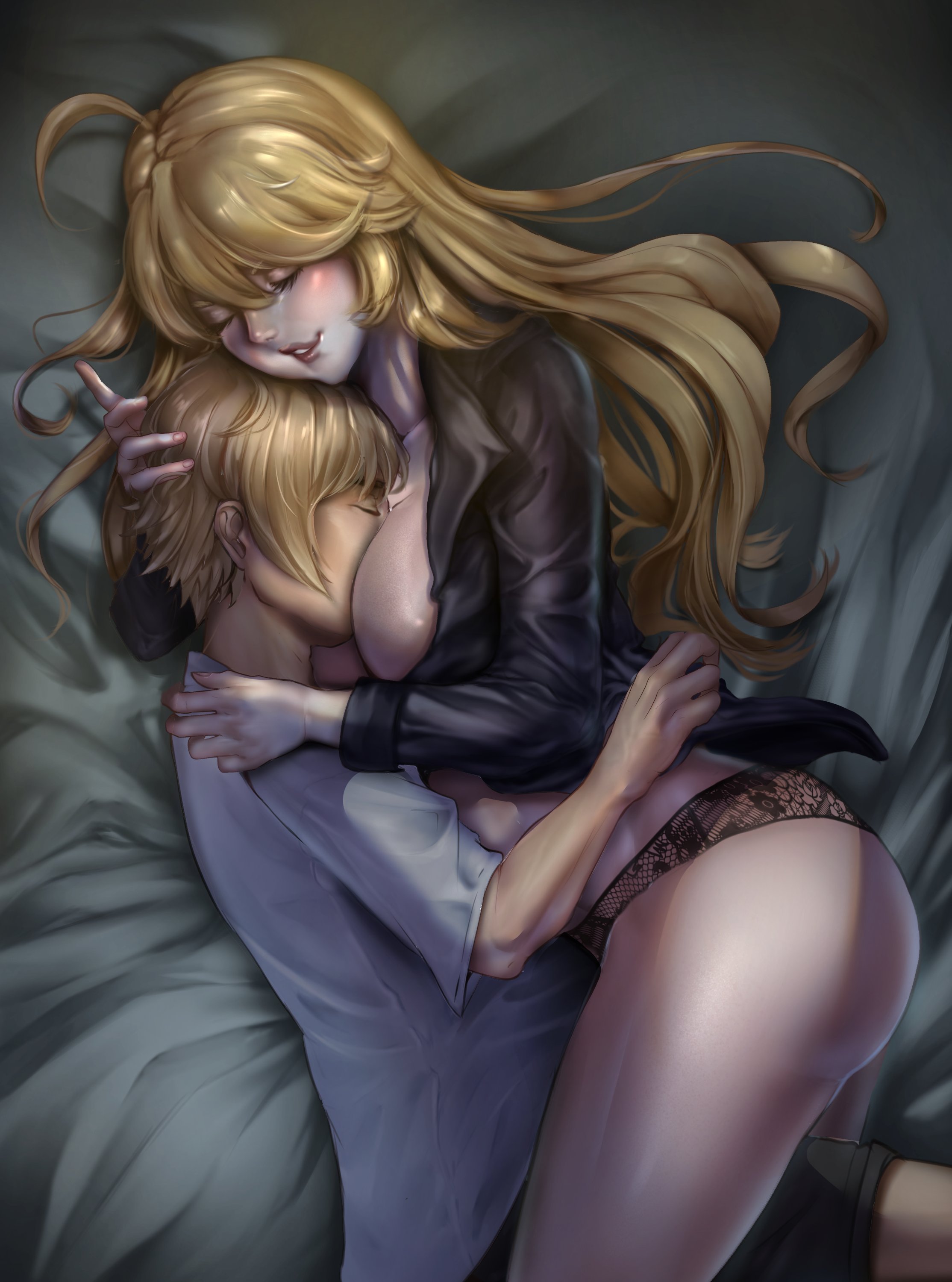 breasts, dako (beehaan), embrace, exposed breasts, female, iowa (kantai collection), kantai collection, no bra