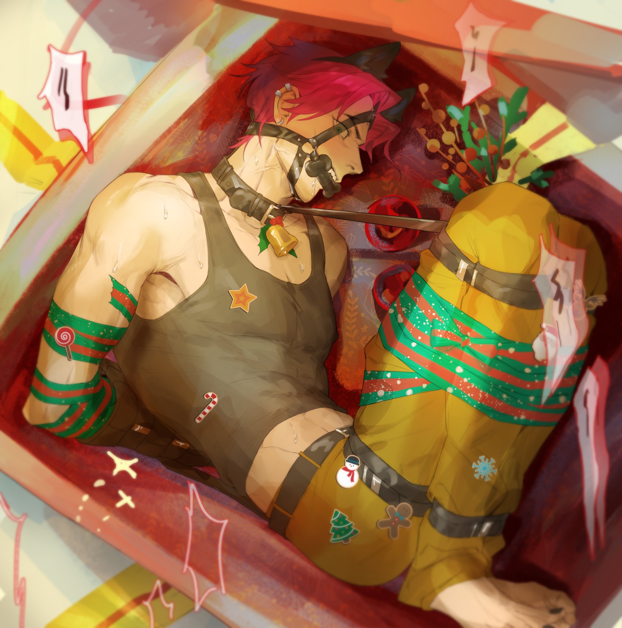 christmas, christmas decorations, christmas present, clothing, dog ears, gift, gift box, gift wrapped, heartsteel kayn, heartsteel series, kayn, league of legends, leash, leash and collar, male, male focus, male only, petplay, pink hair, puppyplay, rope, rope bondage, solo, solo focus, solo male, submissive, submissive male, tank top, wrapped, wrapped arms, wrapped hands, wrapped up