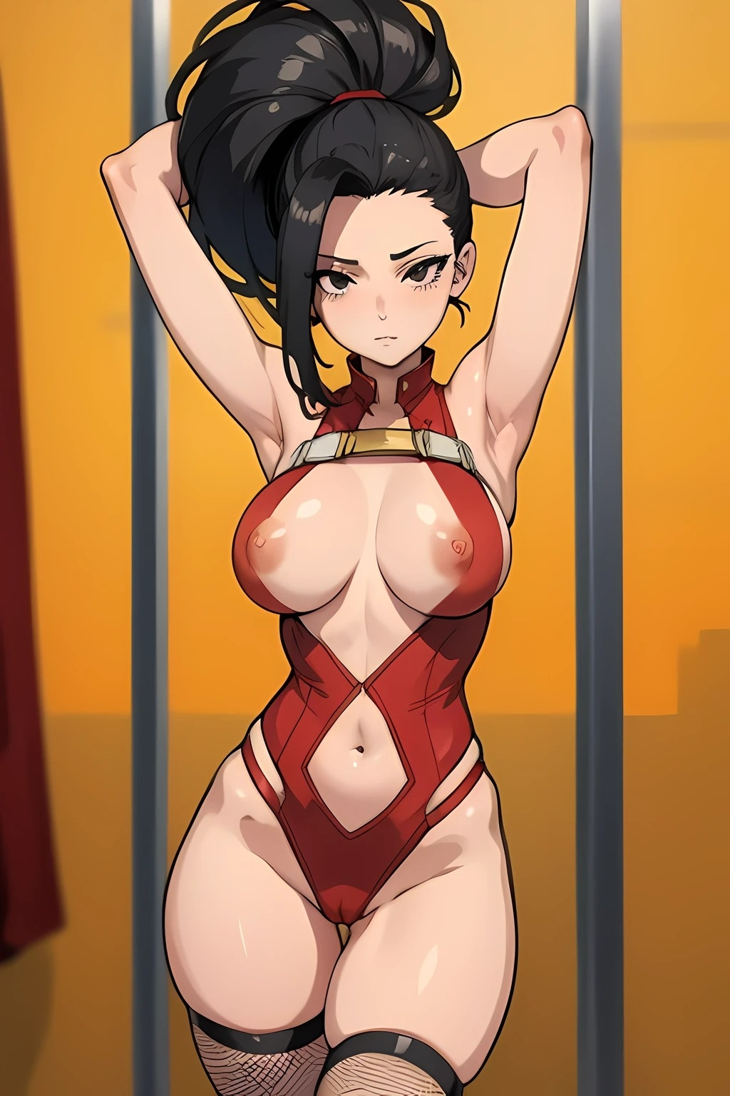 1girls, ai generated, armpits, arms up, big breasts, black hair, breasts, cameltoe, curvy, exposed breasts, female, fishnets, large breasts, momo yaoyorozu, my hero academia, nipple slip, nipples, pussy, solo, solo female, stripper pole, tagme, userisbad, yaoyorozu momo