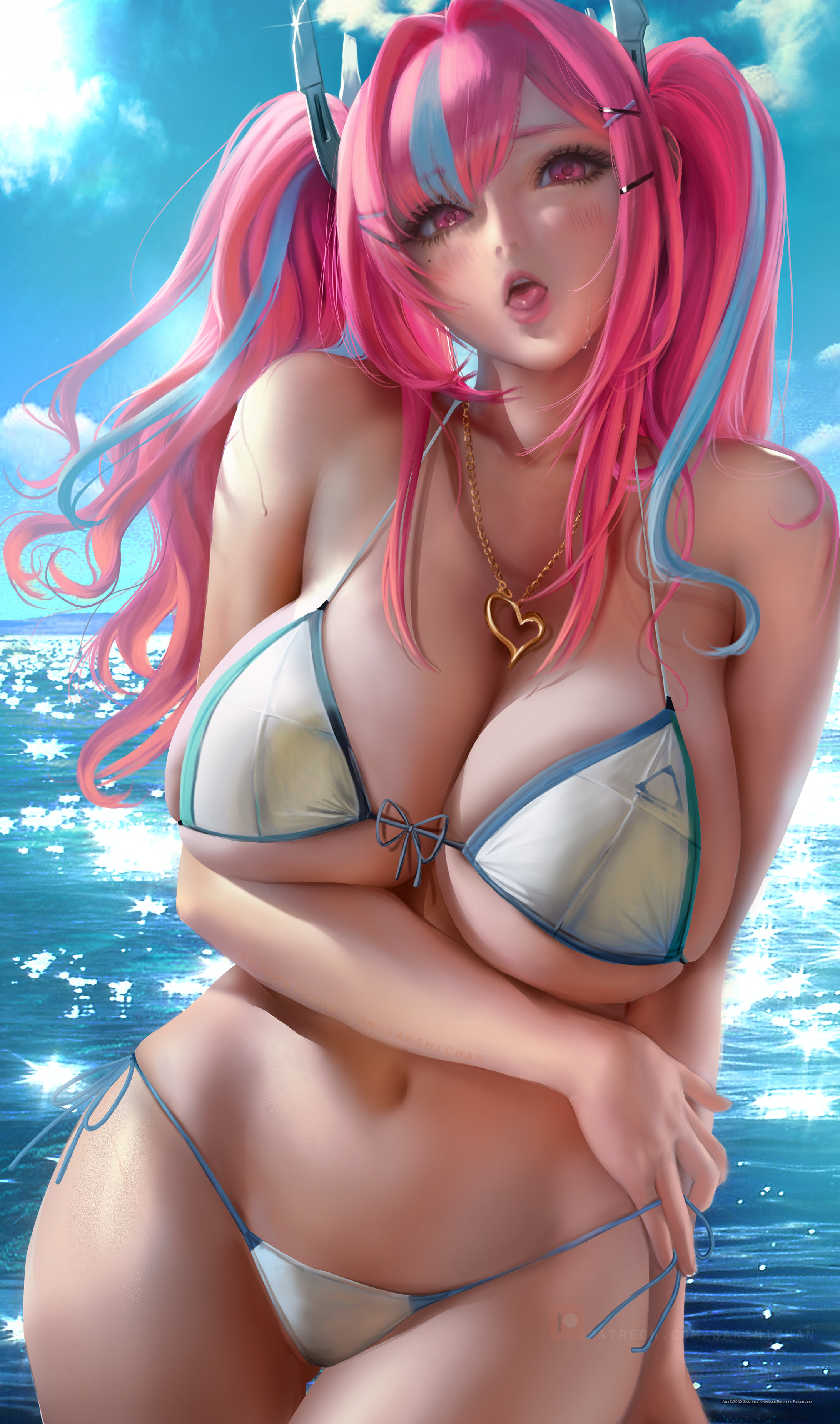 1girls, arm under breasts, azur lane, bangs, bare shoulders, big breasts, bikini, bikini bottom, bikini top, blue hair, bra, breasts, bremerton (azur lane), cleavage, female, female focus, female only, fit, fit female, hair ornament, hips, huge breasts, large breasts, long twintails, looking at viewer, navel, necklace, ocean, open mouth, pink eyes, pink hair, sakimichan, sea, solo, solo female, solo focus, standing, summer, thick thighs, thighs, toned, toned female, tongue, twintails, two-tone hair, underboob, underwear, wide hips