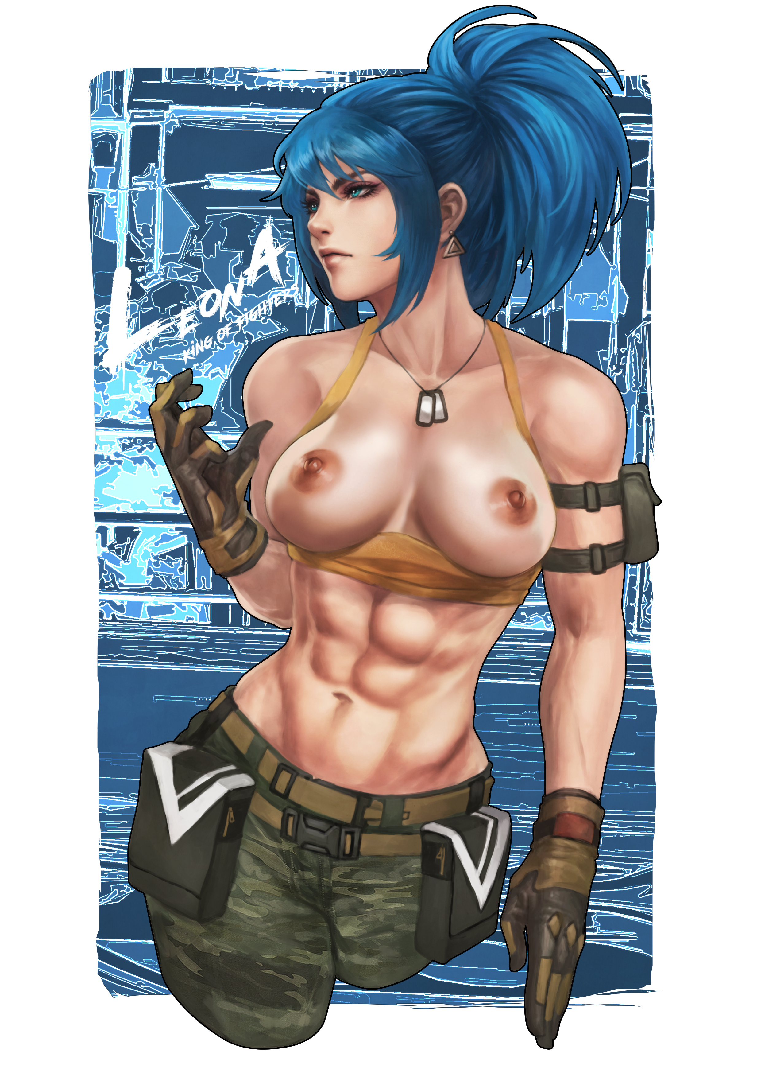 abs, biceps, blue hair, breasts, colored hair, dog tags, earrings, female, ikari warriors, king of fighters, leona heidern, looking away, military, military uniform, monorirogue, muscular, muscular female, nipples, ponytail, presenting breasts, snk, solo, tactical gear