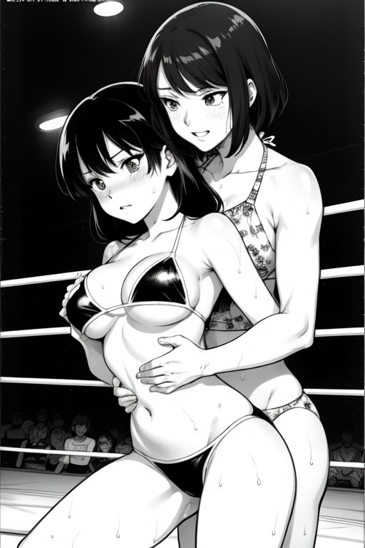 ai_generated bikini blush cute_female two_girls wrestler wrestling_ring yuri