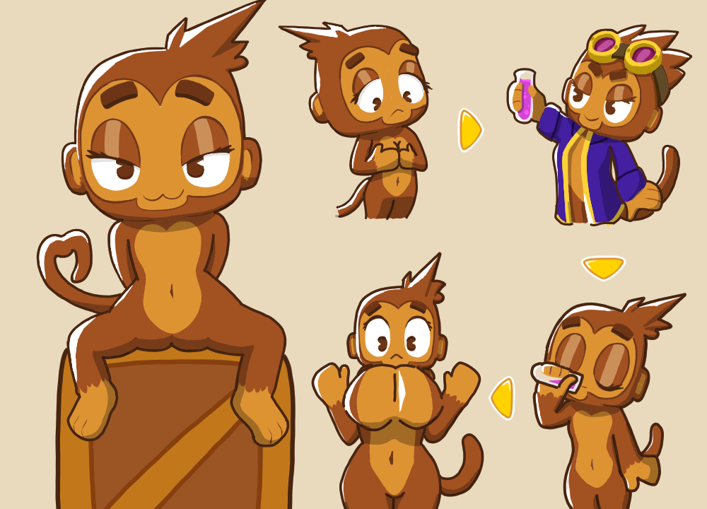 alchemist_monkey big_breasts big_thighs bloons_td_6 bloons_tower_defense breast_expansion brown_fur dart_monkey glasses monkey naked potion simple_background spread_legs tail