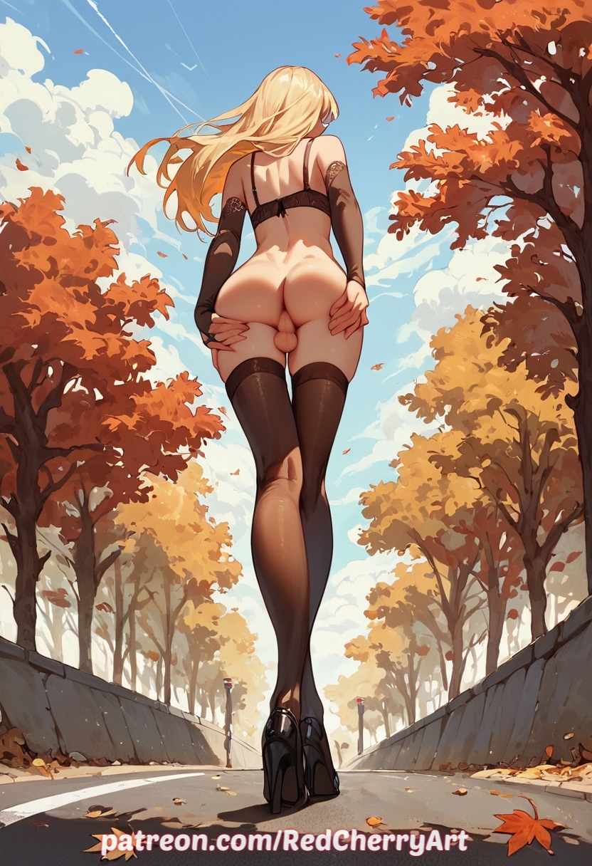ai generated, ass, balls, blonde hair, crossdressing, femboy, from below, heels, long hair, male, no panties, otoko no ko, redcherryart, sissy, spread ass, stockings, testicles, trap, walking
