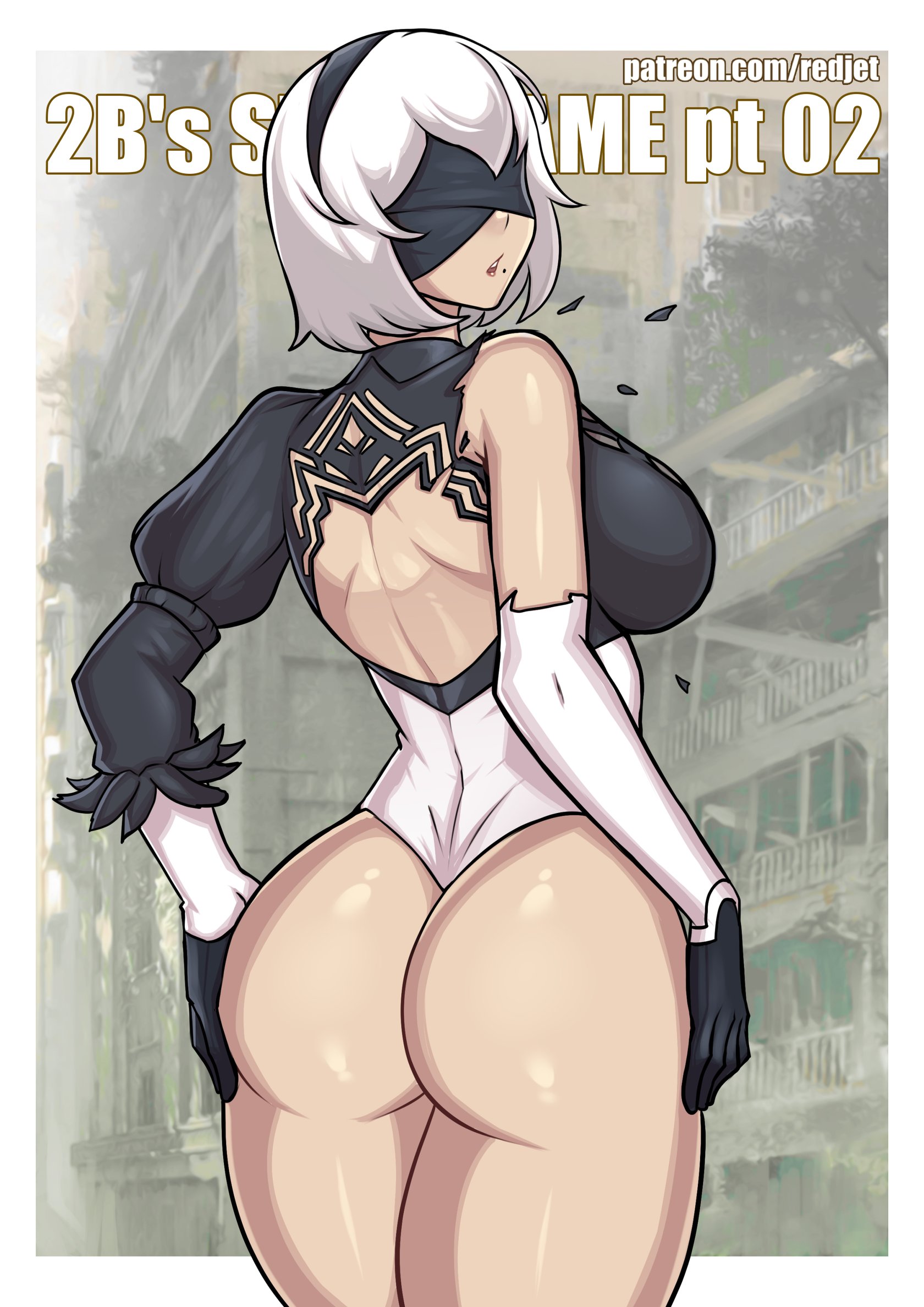 android, ass, ass focus, blindfold, breasts, female, leotard, nier: automata, part 2, redjet, solo, white hair, yorha 2b