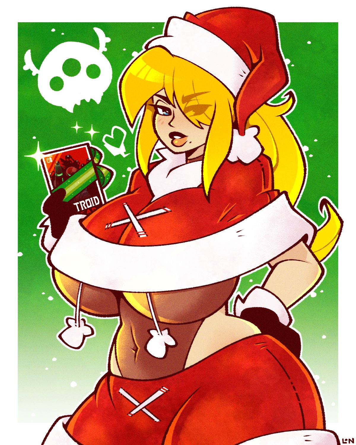 1girls 2023 big_breasts big_lips big_thighs blonde_hair blue_eyes breasts christmas christmas_clothing christmas_outfit christmas_present female hand_on_hip huge_breasts huge_thighs large_breasts legendofnerd lips long_hair looking_at_viewer metroid nintendo samus_aran skimpy skimpy_clothes thick_thighs thighs white_skin yellow_hair