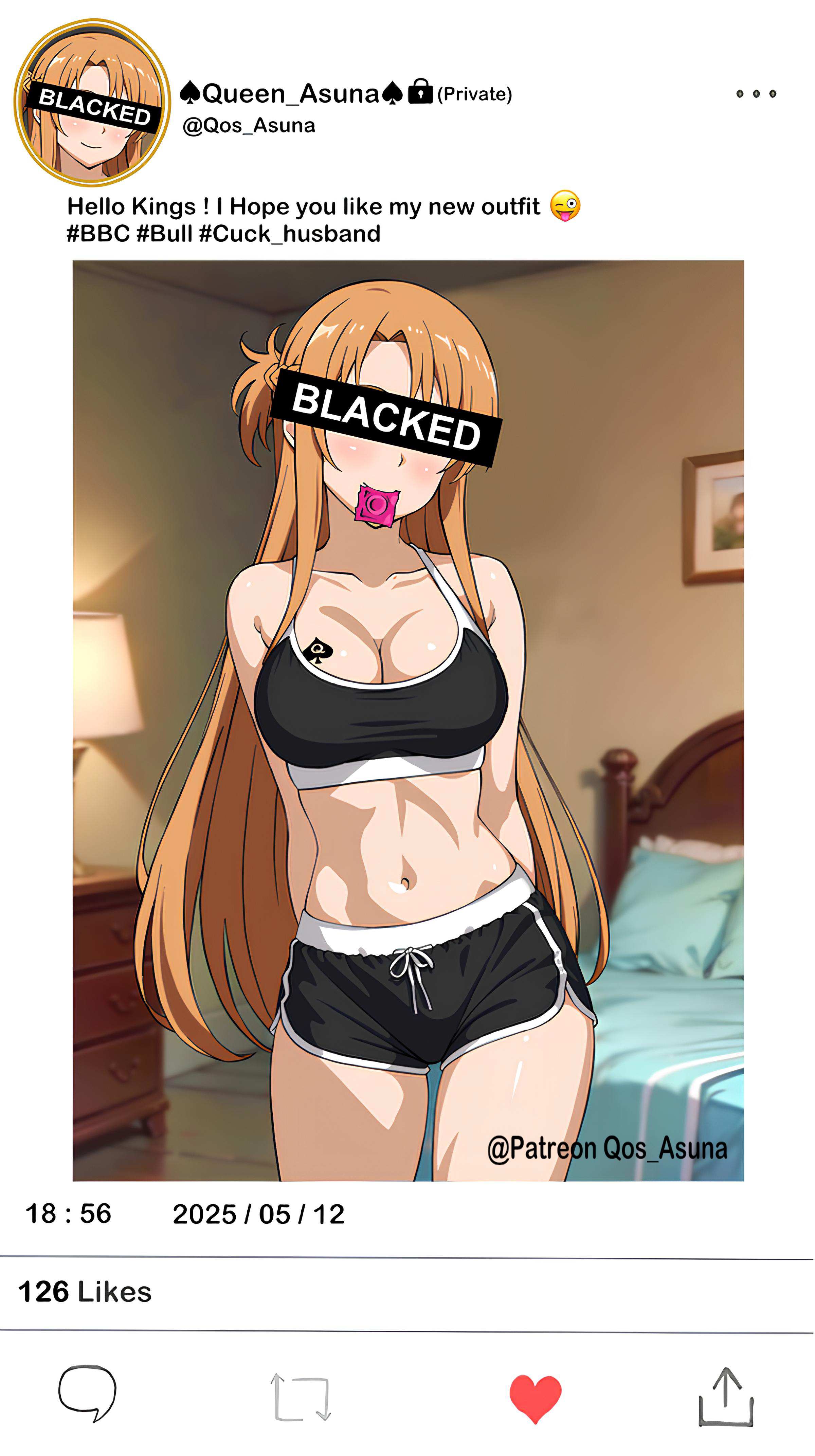 1girls, ai generated, bedroom, bedroom background, bedroom setting, blacked, blush, blushing, censor bar, censored eyes, cheating, cheating girlfriend, cheating wife, condom, condom in mouth, condom wrapper, condom wrapper in mouth, cuckold, cuckolding, english text, female, female focus, female only, girlfriend, hotwife, instagram, instagram post, long hair, netorare, ntr, orange hair, patreon, patreon username, pink condom, qos, qos asuna, qos tattoo, queen of spades, queen of spades symbol, queen of spades tattoo, selfie, shorts, social media, standing, sword art online, text, twitter, wife, yuuki asuna