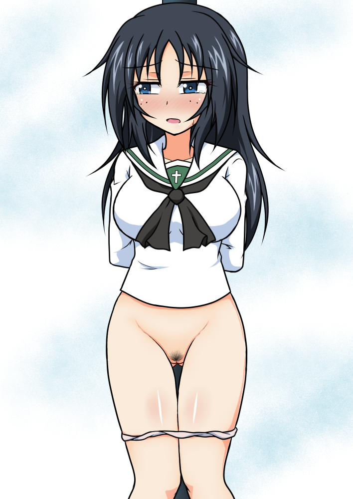 black_hair blue_eyes blush breasts female freckles girls_und_panzer izumi_(izumi_p) large_breasts long_hair ooarai_school_uniform panties panty_pull pubic_hair pussy school_uniform solo underwear yamagou_ayumi