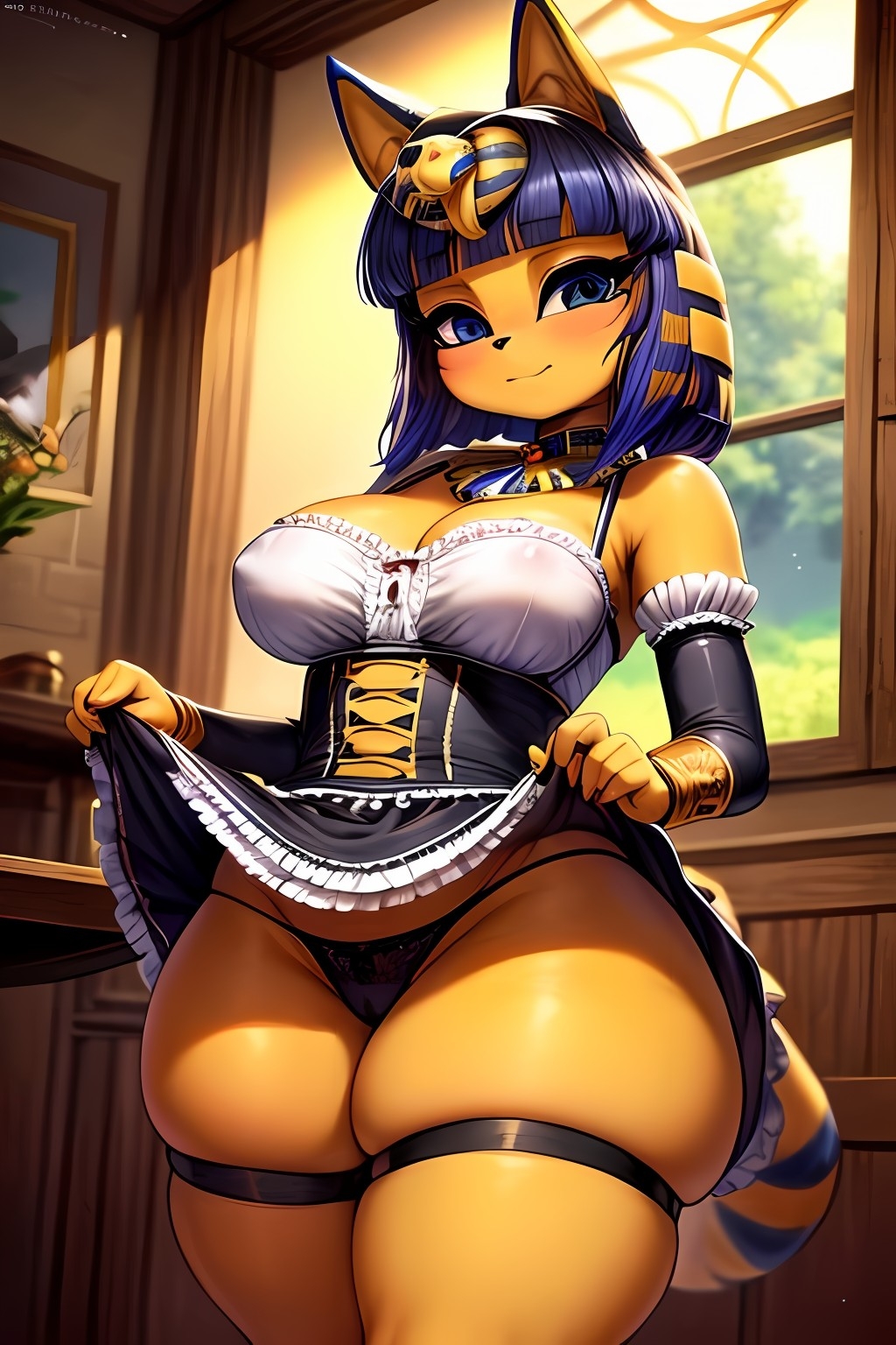 ai generated, animal crossing, ankha, ankha (animal crossing), anthro, big breasts, blue eyes, blue hair, breasts, domestic cat, feline, felis, female, fluffy, fluffy tail, fur, furry, furry only, highlights (coloring), mammal, nintendo, striped tail, stripes, tail, thick thighs, yellow body, yellow fur, yellow highlights