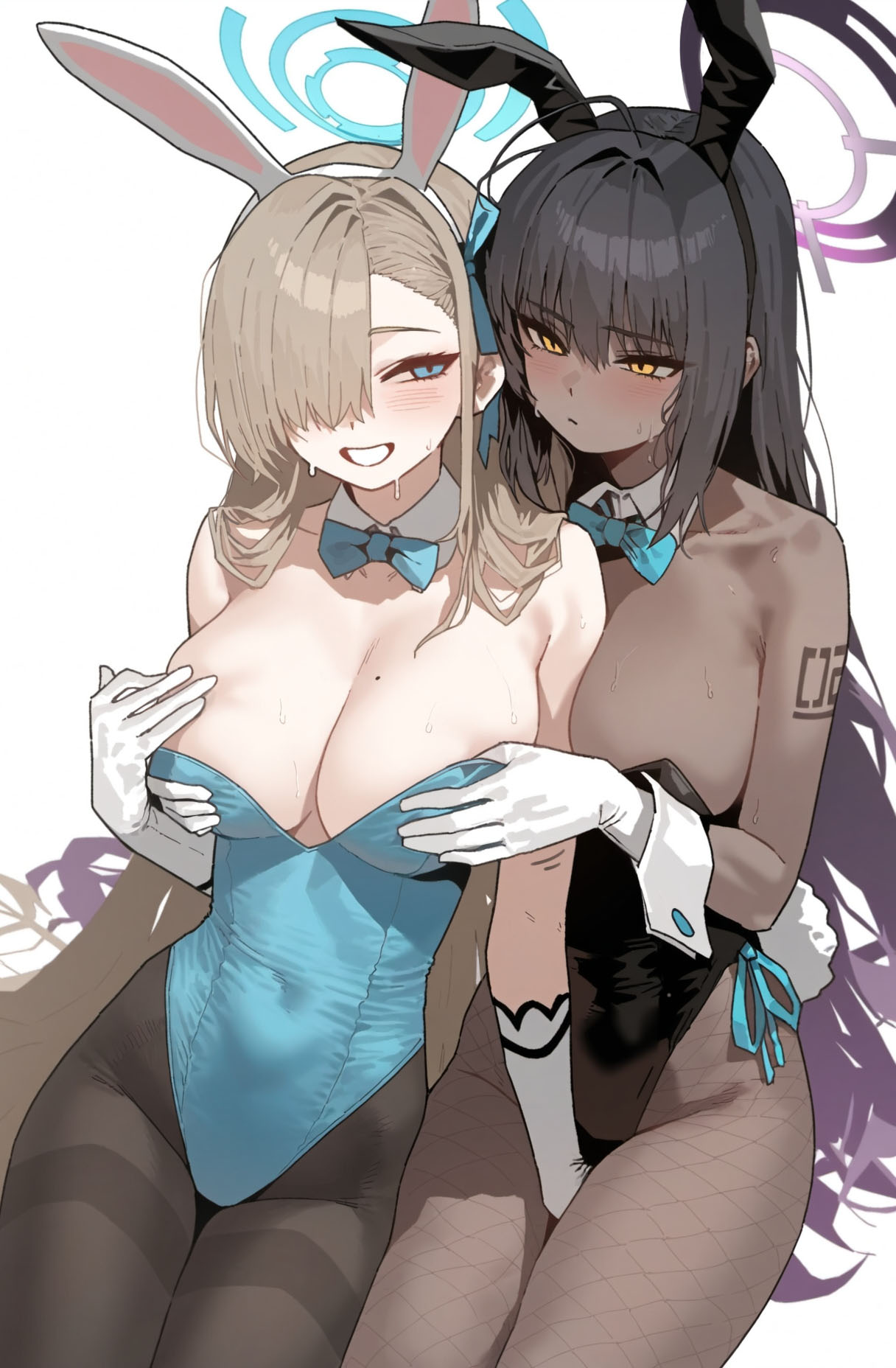 2girls, ahoge, animal ears, arm tattoo, asuna (blue archive), asuna (bunny) (blue archive), bare shoulders, black hair, black leotard, black pantyhose, blonde hair, blue archive, blue eyes, blue halo, blue leotard, blush, bowtie, breast grab, breasts, brown hair, bunnysuit, cleavage, collarbone, commentary, covered navel, dark skin, dark-skinned female, detached collar, fake animal ears, female, fishnet pantyhose, fishnets, gloves, grabbing, grabbing another's breast, hair over one eye, halo, hand on another's chest, highleg, highleg leotard, highres, huge breasts, karin (blue archive), karin (bunny) (blue archive), leotard, looking at another, millennium science school student, mole, mole on breast, multiple females, multiple girls, number tattoo, pantyhose, parted bangs, ponytail, rabbit ears, simple background, smile, sweat, tattoo, white background, white gloves, white wrist cuffs, wrist cuffs, yellow eyes, yuri, zgom1251129