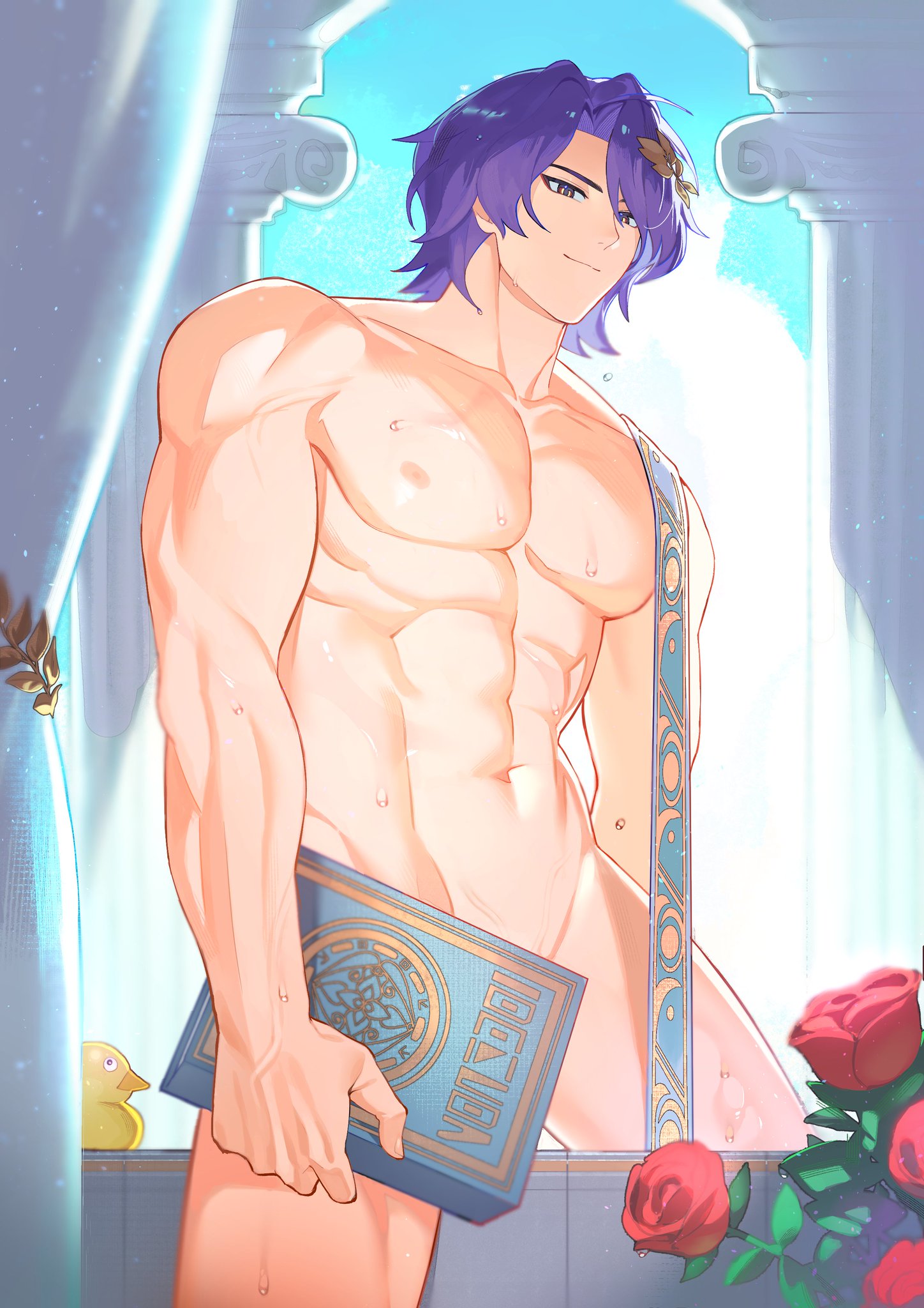 abs, arms, big pecs, chest, completely nude, dr. ratio (honkai: star rail), honkai: star rail, large pectorals, male, male chest, male focus, male only, muscles, muscular, muscular male, nipples, no visible genitalia, nude, nude male, pecs, pectorals, purple hair, smile, solo, solo focus, solo male, thick thighs