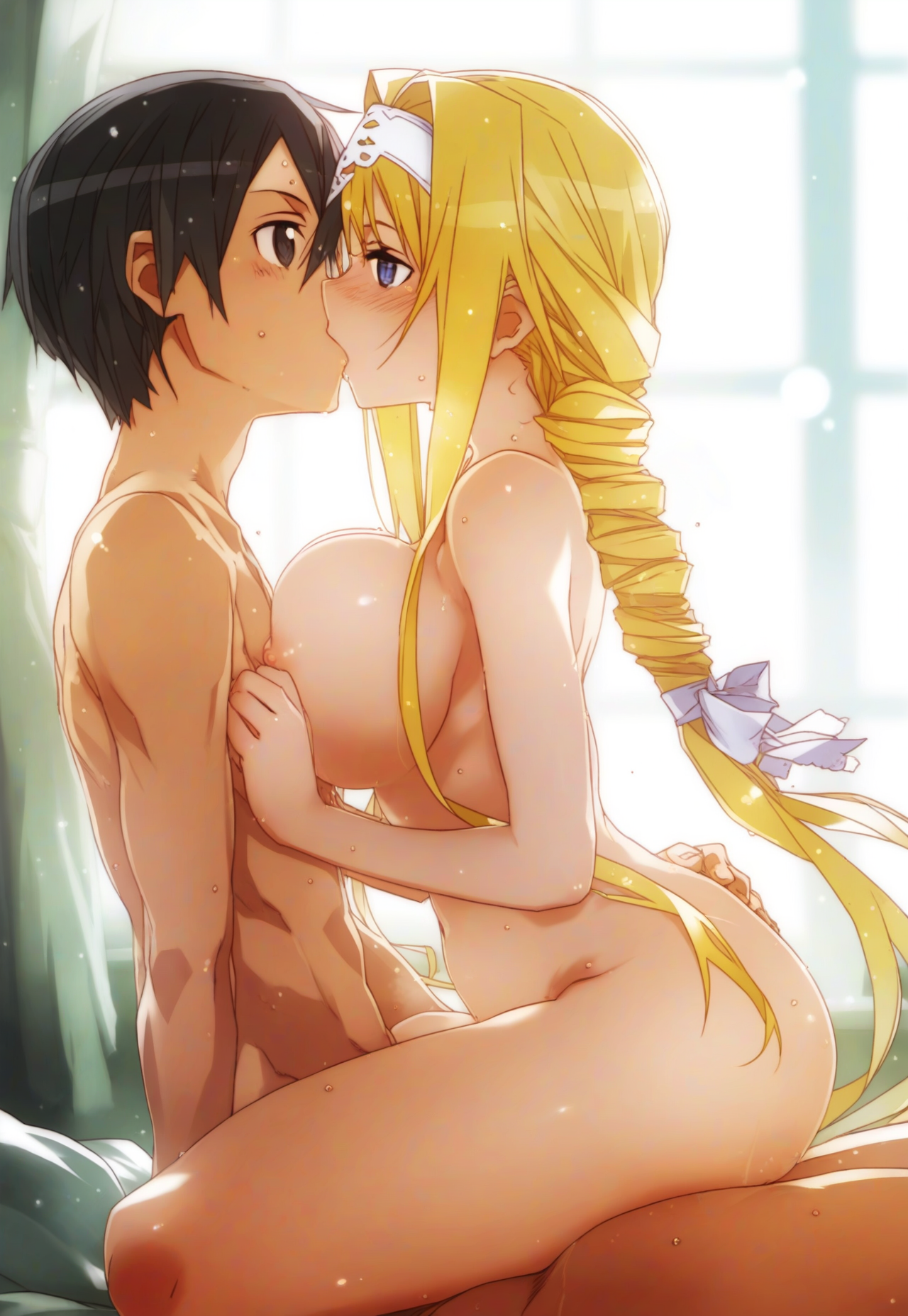 1boy, 1girls, ai generated, alice zuberg, bed, big breasts, black eyes, black hair, blonde hair, blue eyes, blush, braid, breasts, cowgirl position, cute, female, hairband, kirigaya kazuto, kirito, kissing, light skin, light-skinned female, light-skinned male, love, male, nude, nude female, nude male, open mouth, sweat, sword art online, sword art online: alicization, white hairband, wholesome, wholesome sex