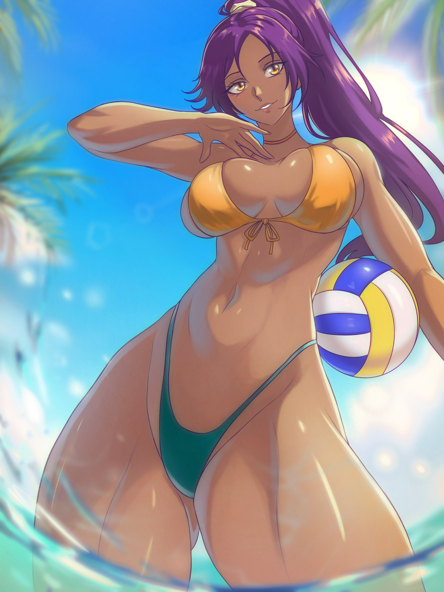 1girls, big breasts, bleach, breasts, dark skin, female, female focus, female only, long hair, looking at viewer, opalisart, purple hair, sea, shihouin yoruichi, smile, solo, solo female, swimsuit, thick thighs, volleyball (ball), water