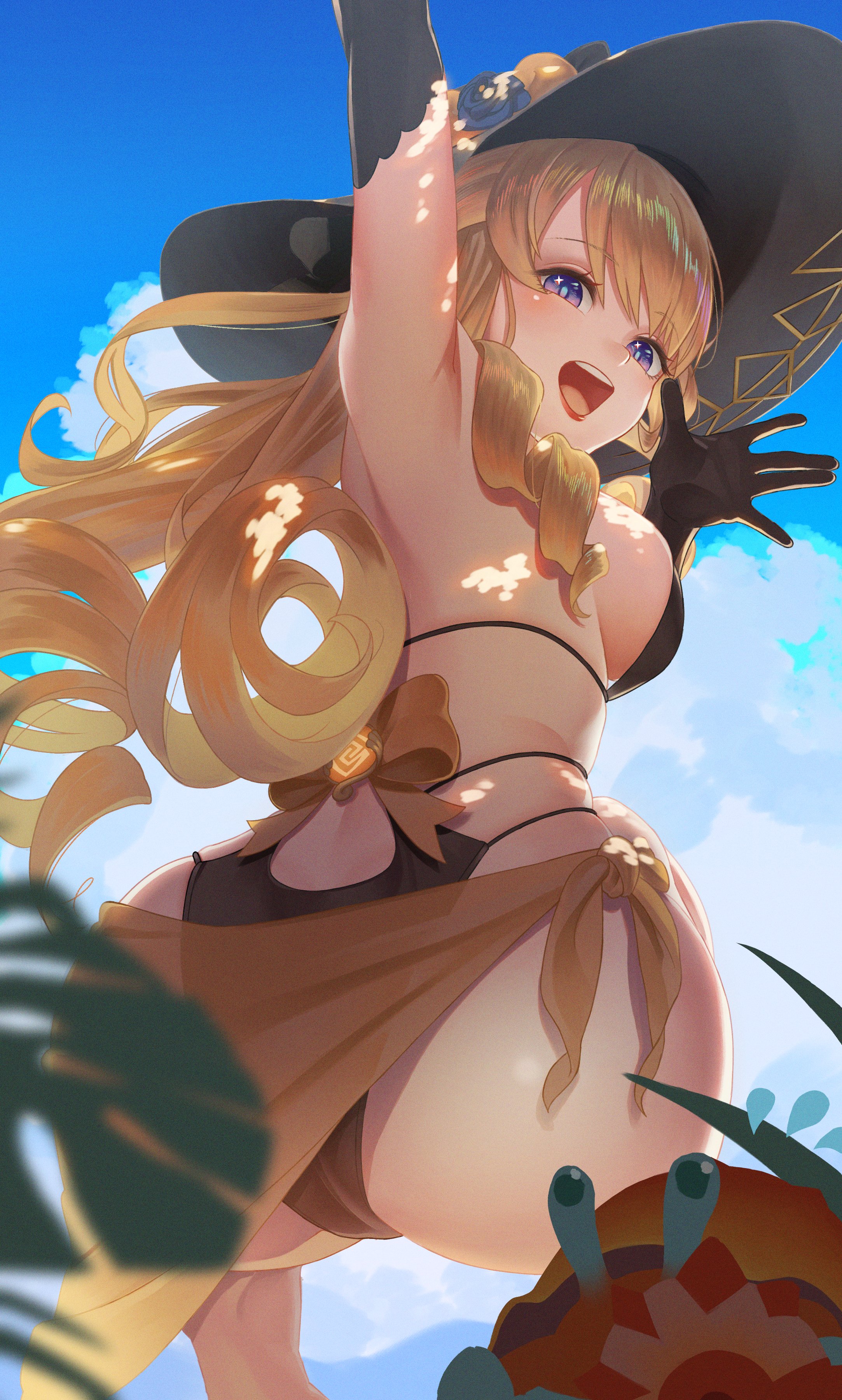 1girls, armpits, ass, back view, big ass, bikini, blonde hair, blue eyes, breasts, female, female only, genshin impact, hat, looking at viewer, navia (genshin impact), punco (kdfg2577), rear view, sideboob, sky, smile, squatting, wide hips