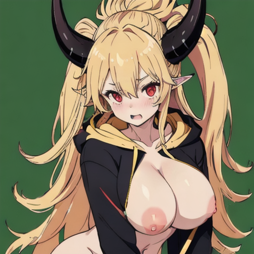 ai_generated blonde_female breasts elf_ears exposed exposed_ass exposed_breasts exposed_pussy female_only horns horny horny_female readybat2 red_eyes red_eyes_female red_horns