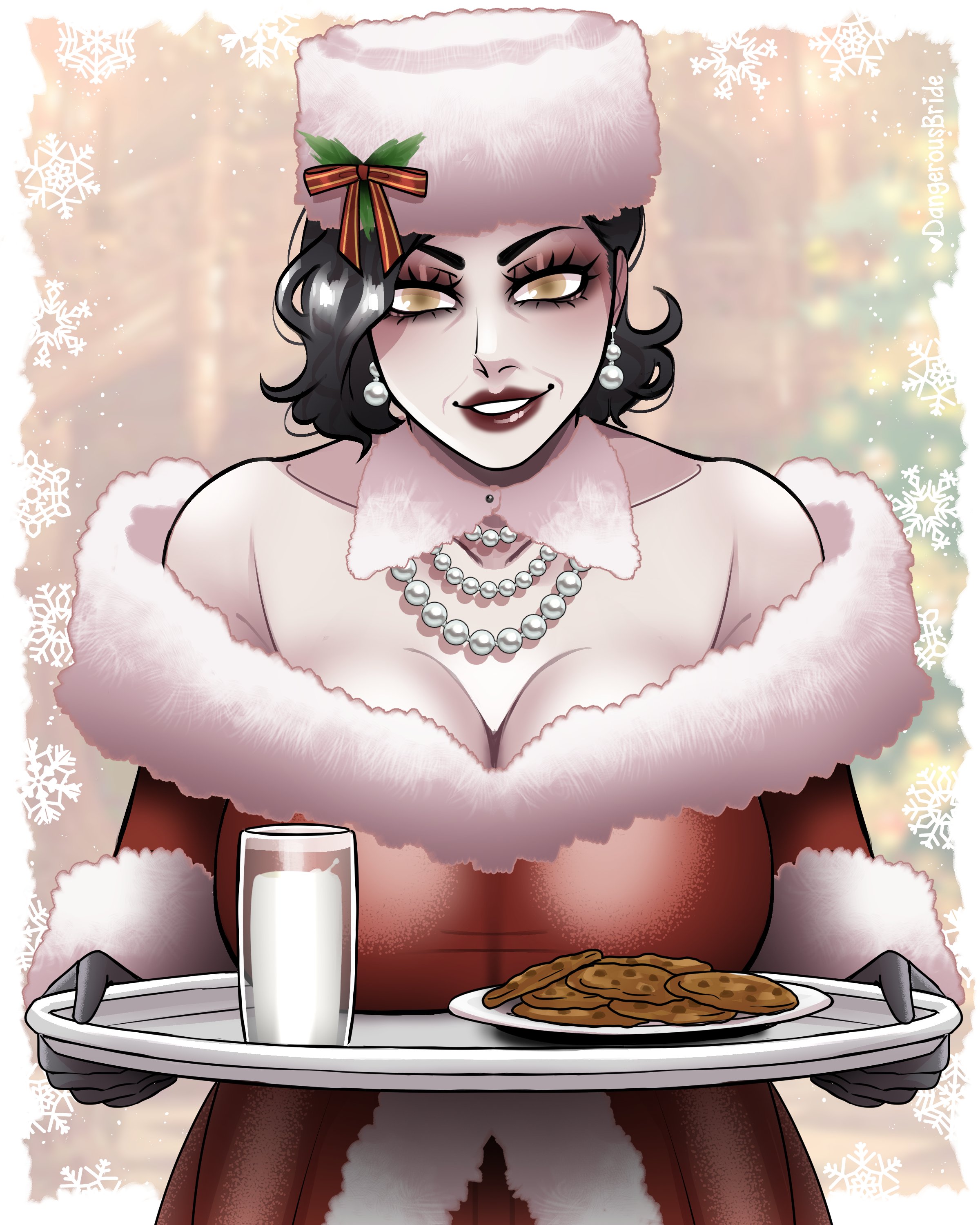 1girls, alcina dimitrescu, big breasts, black hair, breasts, breasts on tray, capcom, christmas, christmas outfit, cleavage, cookie, dangerousbride, female, female only, fur hat, fur trim, glass of milk, headwear, light skin, light-skinned female, looking at viewer, milk, pale skin, pale-skinned female, pearl necklace, red lipstick, resident evil, resident evil 8: village, smiling, smiling at viewer, solo, tray, very high resolution, yellow eyes