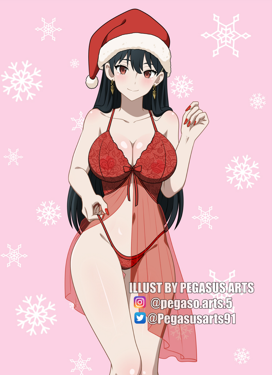 1girls big_breasts black_hair blush breasts christmas christmas_clothing christmas_headwear christmas_lingerie christmas_outfit cleavage ear_piercing earrings english english_text female female_only hair hat headwear hips huge_breasts lace lace-trimmed_panties lace_trim lingerie long_hair mature mature_female mature_woman milf nail_polish nails nightgown panties pegasusarts red_eyes red_nail_polish red_nails red_panties santa_hat solo solo_female spy_x_family text thighs yor_briar