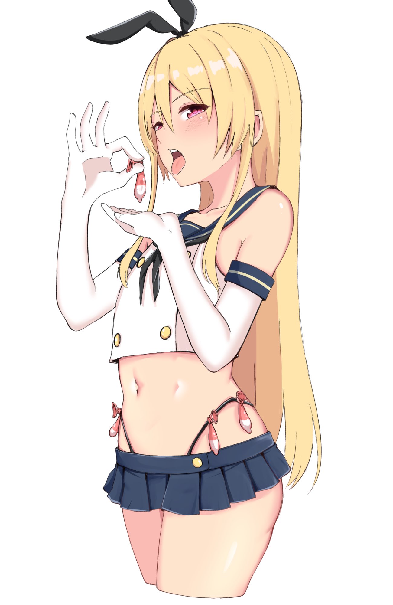 1boy, 2023, absurd res, animal ears, arched back, bare shoulders, baretto (karasi07), black panties, blonde hair, blush, bunny ears, clothing, condom, condom belt, cosplay, crop top, crossdressing, cum, cum in condom, elbow gloves, eyebrows visible through hair, fake animal ears, femboy, gay, girly, gloves, hair between eyes, highleg, highleg panties, highres, holding condom, kantai collection, long hair, looking at viewer, male, male only, microskirt, midriff, miniskirt, navel, open mouth, original, panties, pleated skirt, purple eyes, revealing clothes, school uniform, serafuku, shimakaze (kantai collection), shimakaze (kantai collection) (cosplay), shimakaze-kun, shirt, simple background, skirt, sleeveless, sleeveless shirt, solo, standing, teeth, thighs, thong, tongue, tongue out, trap, underwear, uniform, used condom, very long hair, white background, white gloves, yaoi