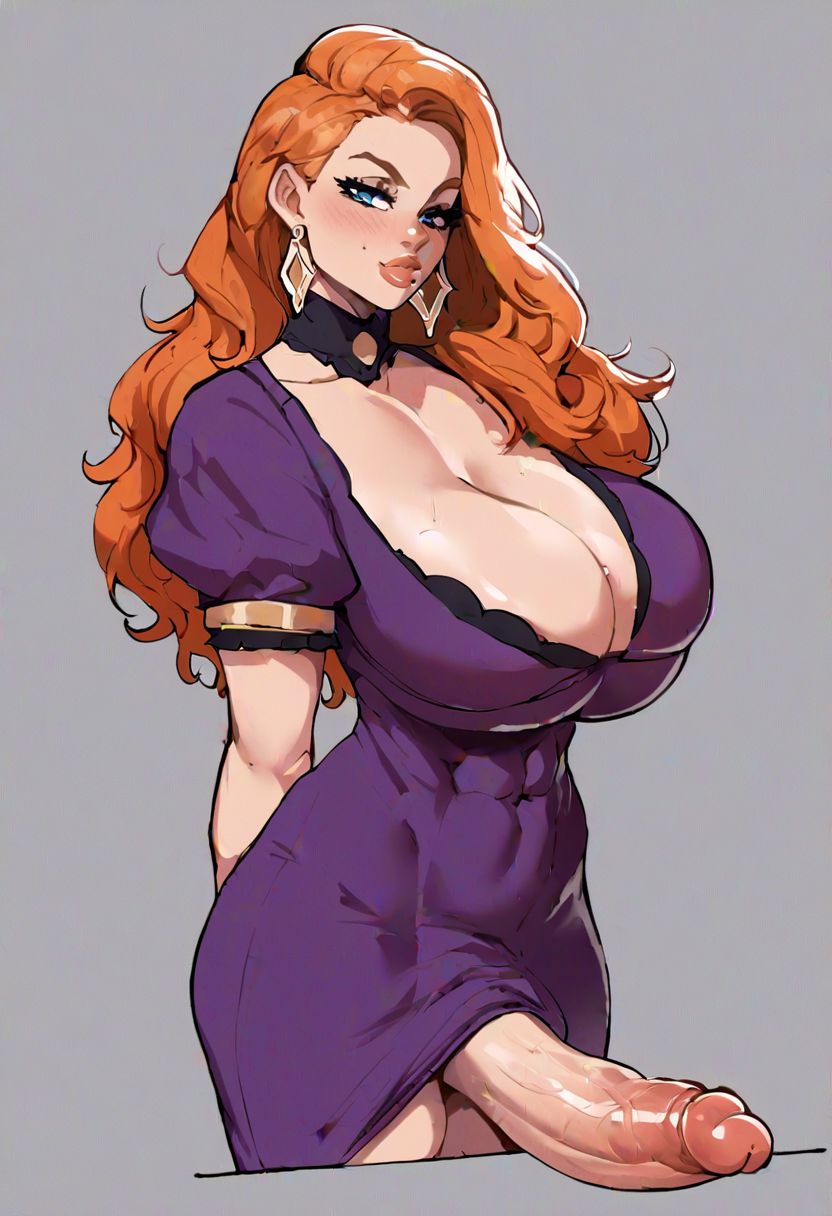 ai generated, ass, balls, barbara gordon, batgirl, batman (series), breasts, collar, dc, dc comics, dress, earrings, futanari, ginger, green eyes, huge ass, huge balls, huge breasts, huge cock, intersex, orange hair, penis, purple dress, roughtriumph, seductive eyes, seductive look, solo, tagme