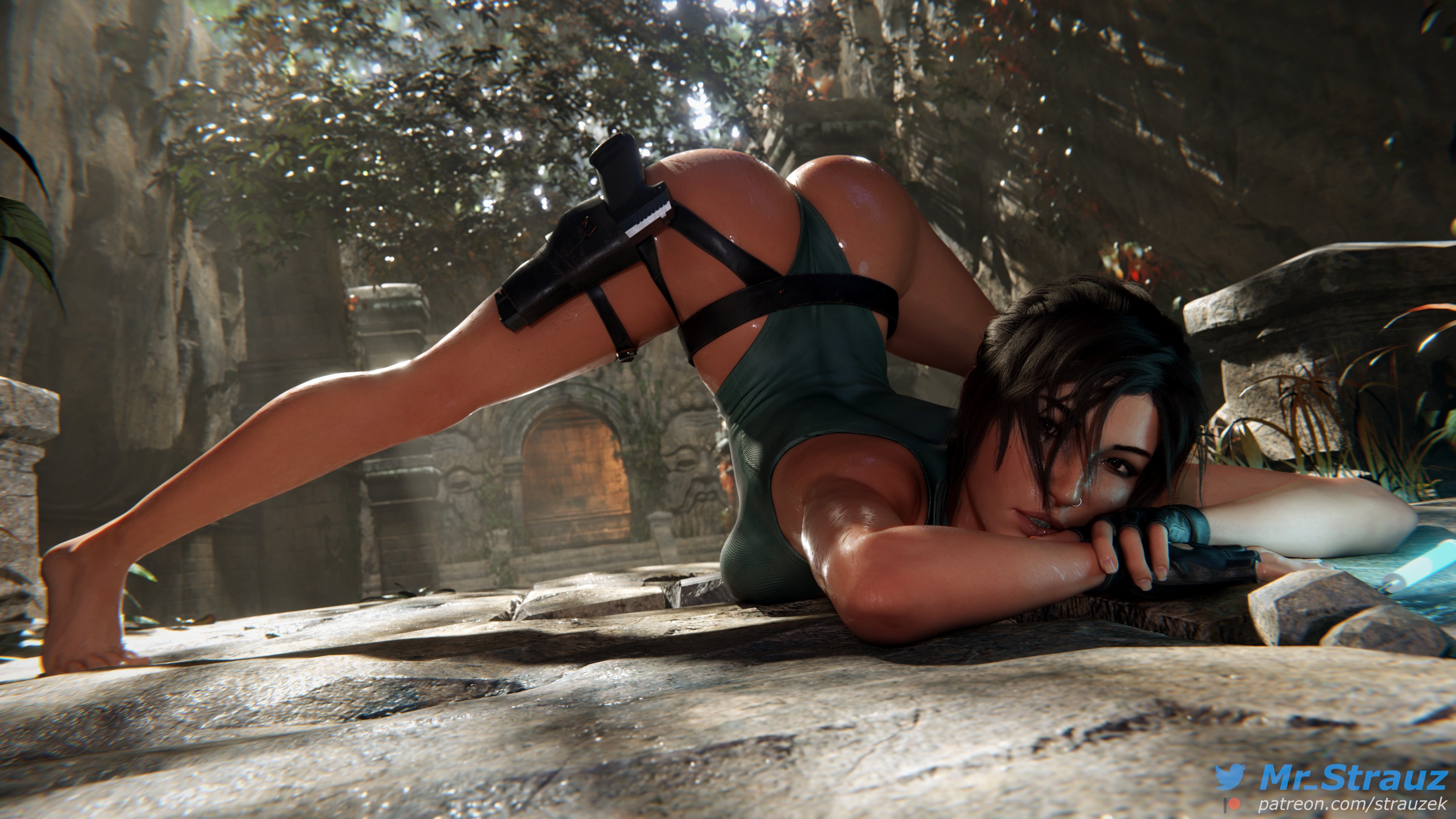 1girls, 3d, ass, ass up, barefoot, belt, big ass, blender, breast press, breasts, brown eyes, brown hair, bubble ass, bubble butt, busty, clothed, female, female only, fingerless gloves, firearm, gloves, gun, gun holster, handgun, head down ass up, highres, human, jack-o pose, jackochallenge, lara croft, lara croft (survivor), large ass, large breasts, legwear, leotard, looking at viewer, mascara, mascara smear, nose piercing, on ground, outside, pale skin, parted lips, pose, posing, shiny skin, sideboob, solo, strauzek, tan, tan body, tan skin, thigh holster, thong leotard, tiptoes, tomb raider, tomb raider (survivor), top-down bottom-up, weapon, wet, wet body, wet clothing, wet leotard, wet skin