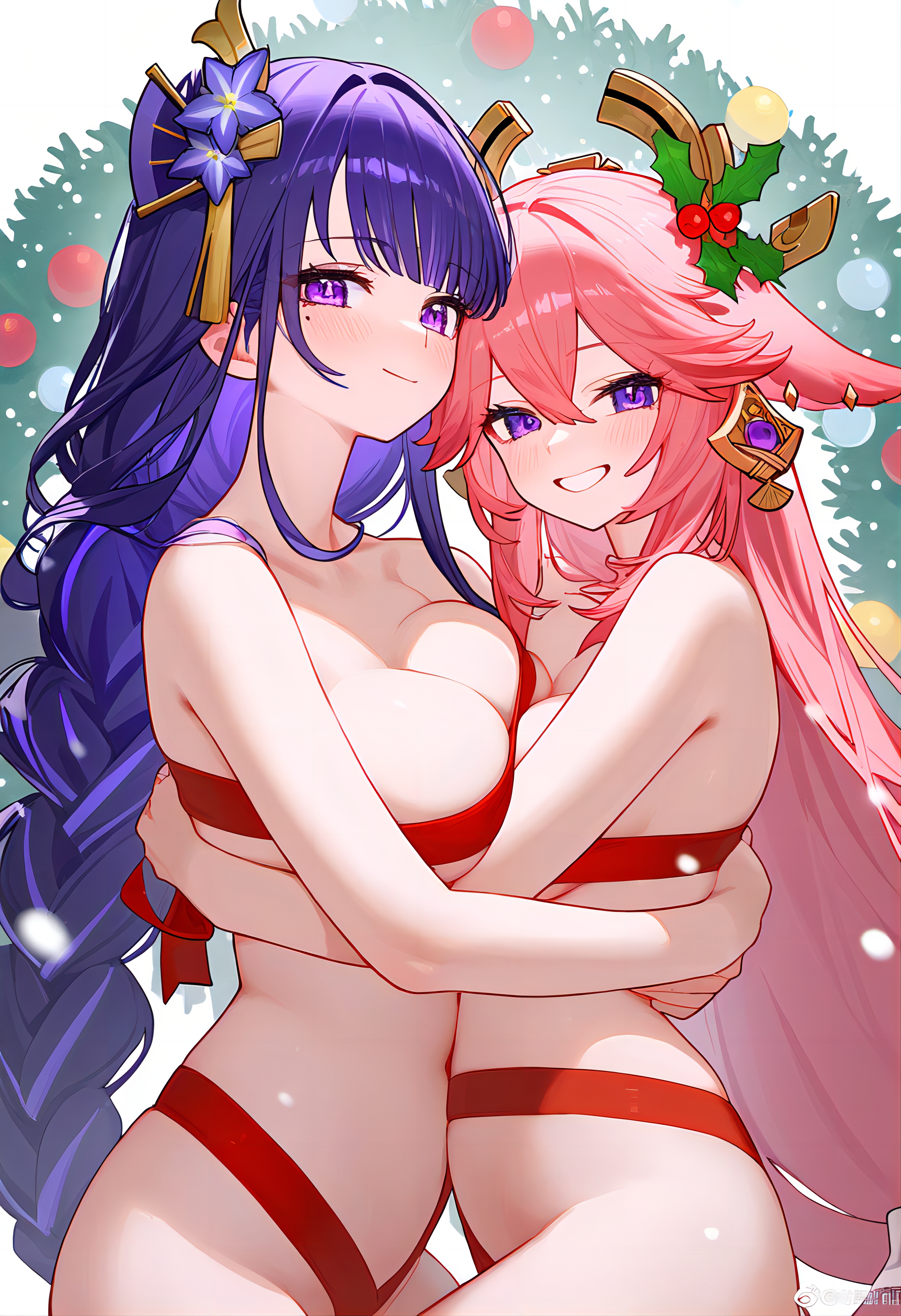 2girls, ai generated, blush, breasts, female, female only, genshin impact, hug, large breasts, nude, nude female, pink hair, purple hair, raiden shogun, smile, yae miko, yuri