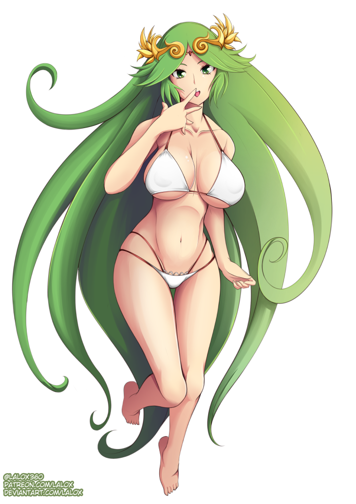 1girls alternate_breast_size alternate_costume big_breasts bikini breasts female green_eyes green_hair kid_icarus lalox looking_at_viewer medium_hair nintendo open_mouth palutena solo swimsuit white_skin