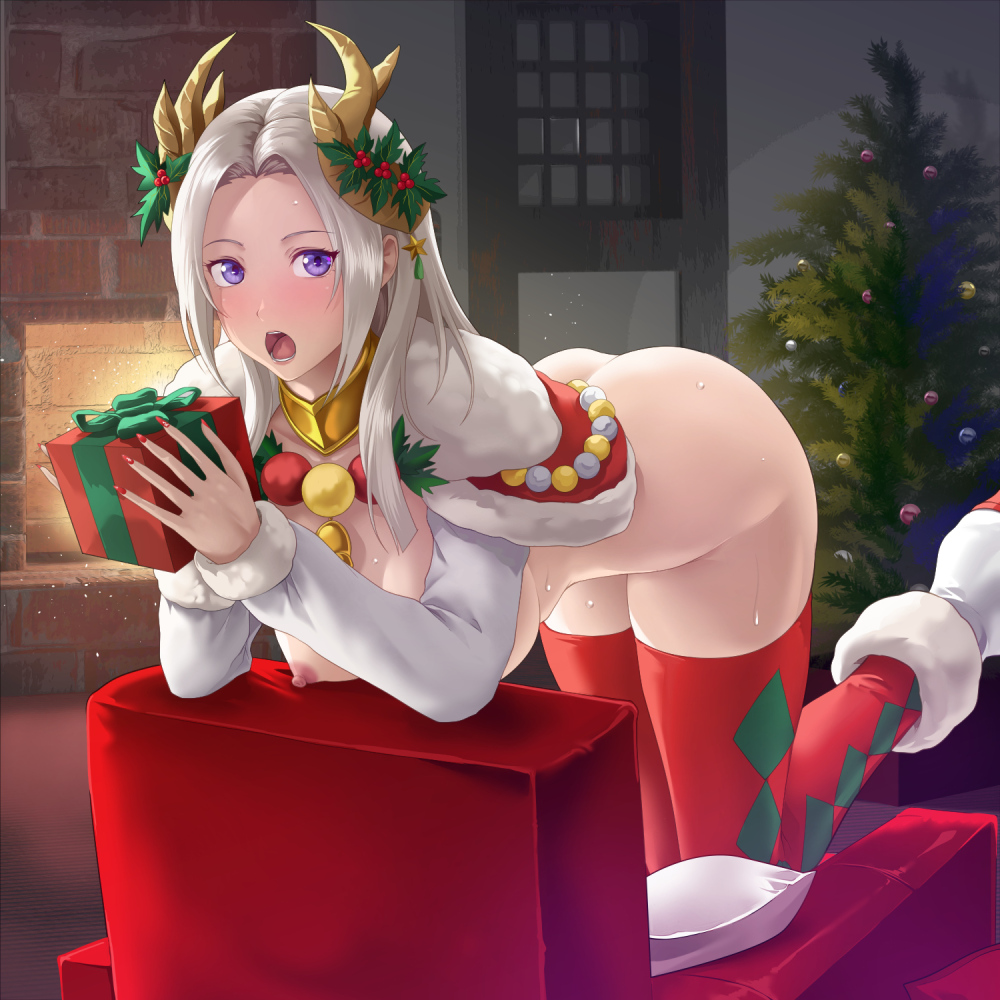 1girls :o alternate_costume antlers ass bare_thighs bent_over big_ass boots box capelet christmas deep_rising door edelgard_von_hresvelg edelgard_von_hresvelg_(snowfall_future) female female_only fire fire_emblem fire_emblem:_three_houses fire_emblem_heroes fireplace gift high_heels holding holding_object horns indoors long_hair long_sleeves looking_at_viewer nail_polish naked_capelet naked_thighhighs nintendo nipples nude nude_female official_alternate_costume open_mouth pillow purple_eyes red_nails shocked solo thighhighs thighs thor_(deep_rising) tree white_hair