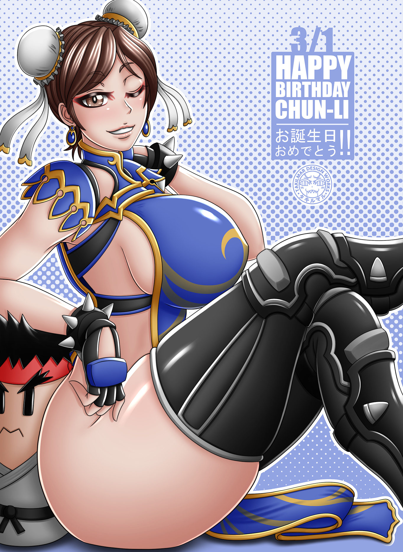 alternate costume, ass, ass bigger than head, big ass, big breasts, big butt, bracelet, breasts, capcom, chinese, chinese female, chun-li, female, hair bun, huge ass, huge breasts, legwear, looking at viewer, looking pleasured, official alternate costume, plushie, ryu (street fighter), spiked bracelet, street fighter, street fighter v, takilmar, thighs bigger than head, wide hips, wink, winking at viewer