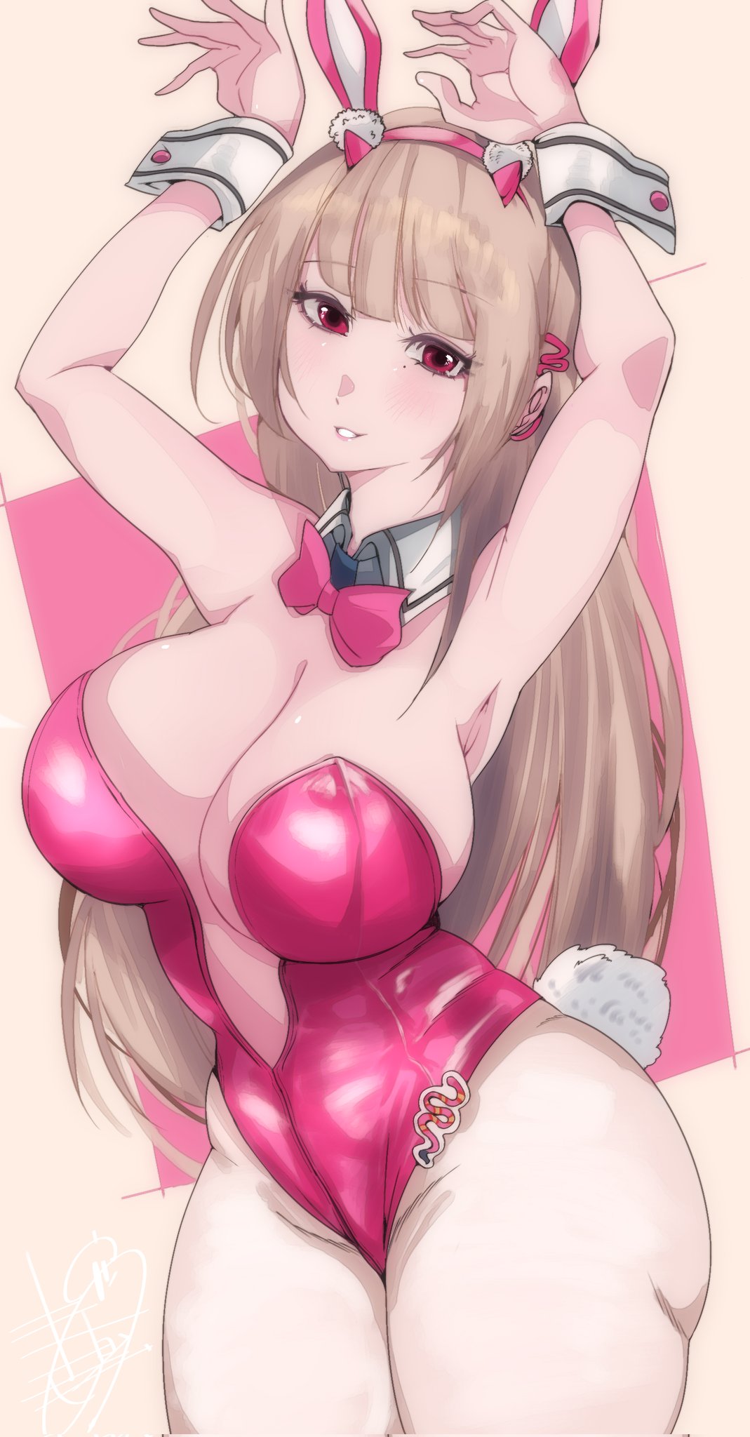 1girls 2023 2d 2d_(artwork) armpits artist_signature ass big_ass big_butt blonde_hair blush blushing_at_viewer bow bowtie breasts bunny_ears bunny_girl bunny_pose bunny_tail bunnysuit cleavage color fanart full_color goddess_of_victory:_nikke horns huge_breasts large_ass large_breasts large_butt leotard light-skinned_female light_skin long_hair looking_at_viewer massive_breasts mole mole_under_eye omochi_db pantyhose pink_bow pink_bowtie pink_bunnysuit pink_clothing pink_horns pink_leotard pose posing red_eyes smile smiling_at_viewer very_long_hair video_game video_games viper_(nikke) viper_(toxic_rabbit)_(nikke) voluptuous voluptuous_female