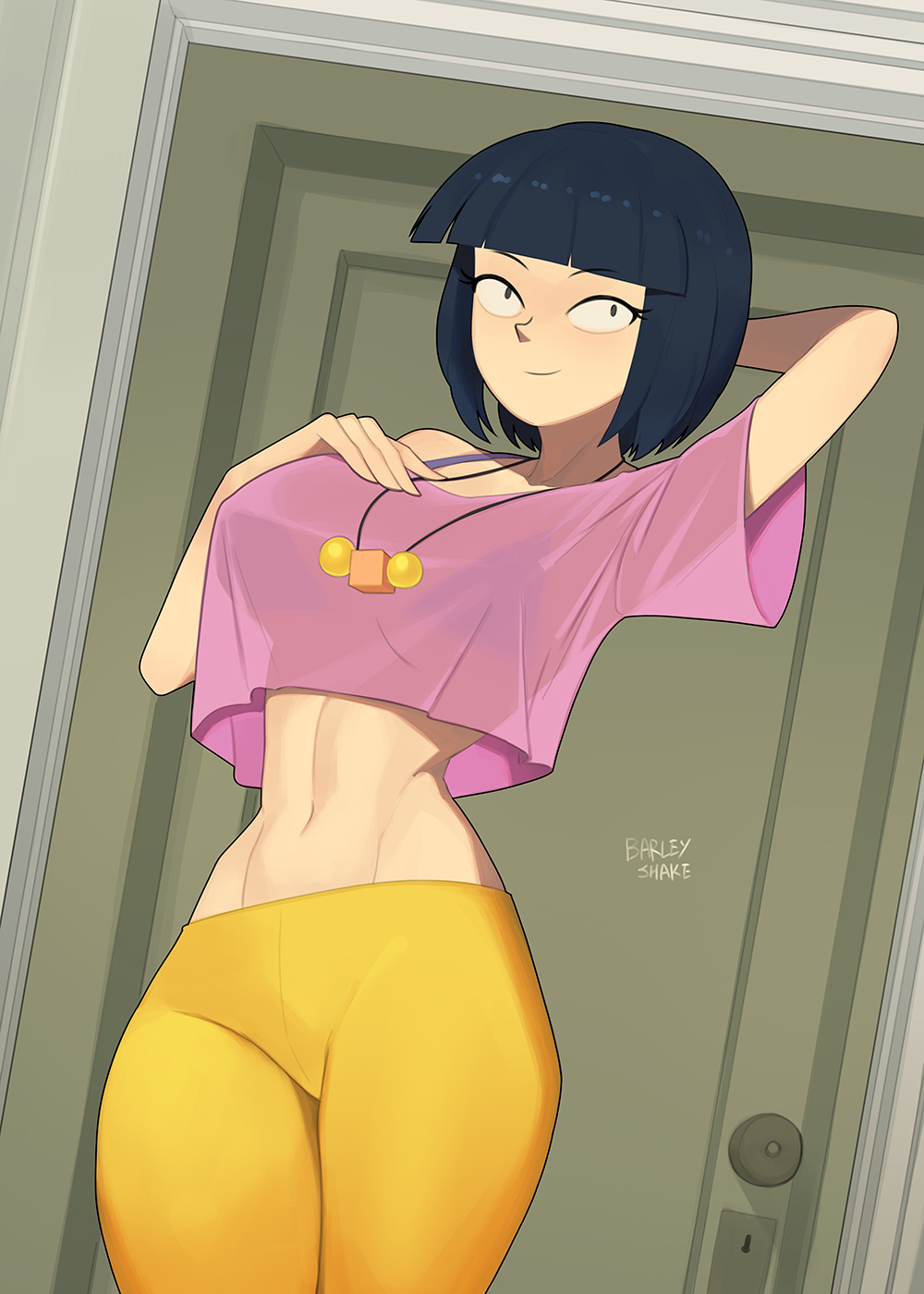 1girls asian asian_female barleyshake big_breasts blue_hair blush bra bridgette_hashima close_enough clothed clothing door female female_focus female_only looking_at_viewer short_hair solo solo_female thighs