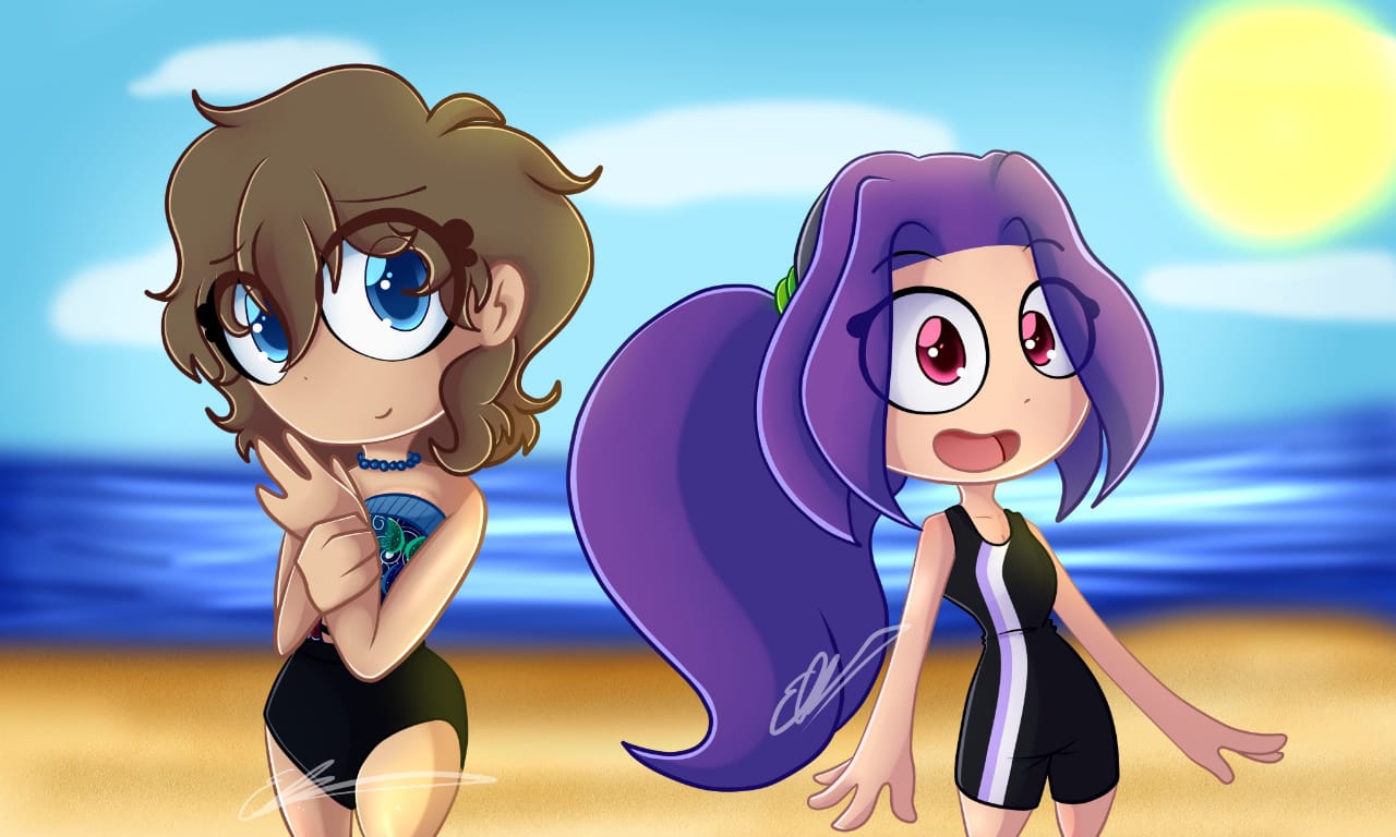 beach blue_eyes bonnie_(fnafhs) brown_hair brunilda_(fnafhs) fhs fhsz3r0 fnafhs fnafhs_z3ro freddy_(fnafhs) purple_hair red_eyes rule_63 sigfrid_(fnafhs) swimwear