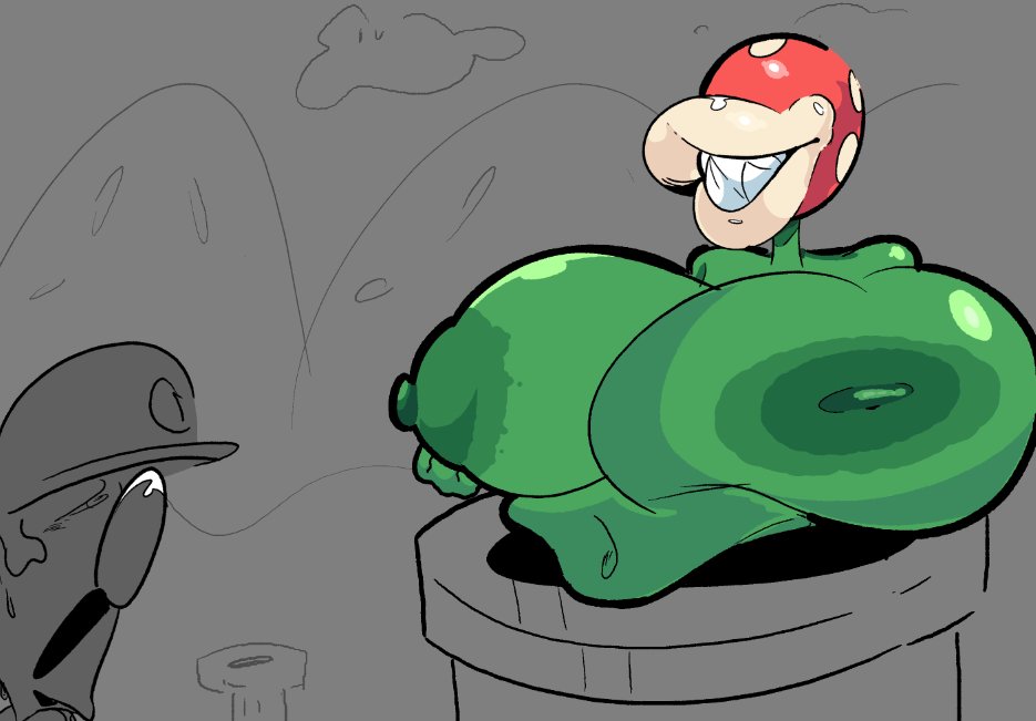 artzazz, breasts, breasts bigger than head, casual, casual nudity, female, huge breasts, luigi, mario (series), nintendo, nude, outdoors, piranha plant, super mario bros., teasing