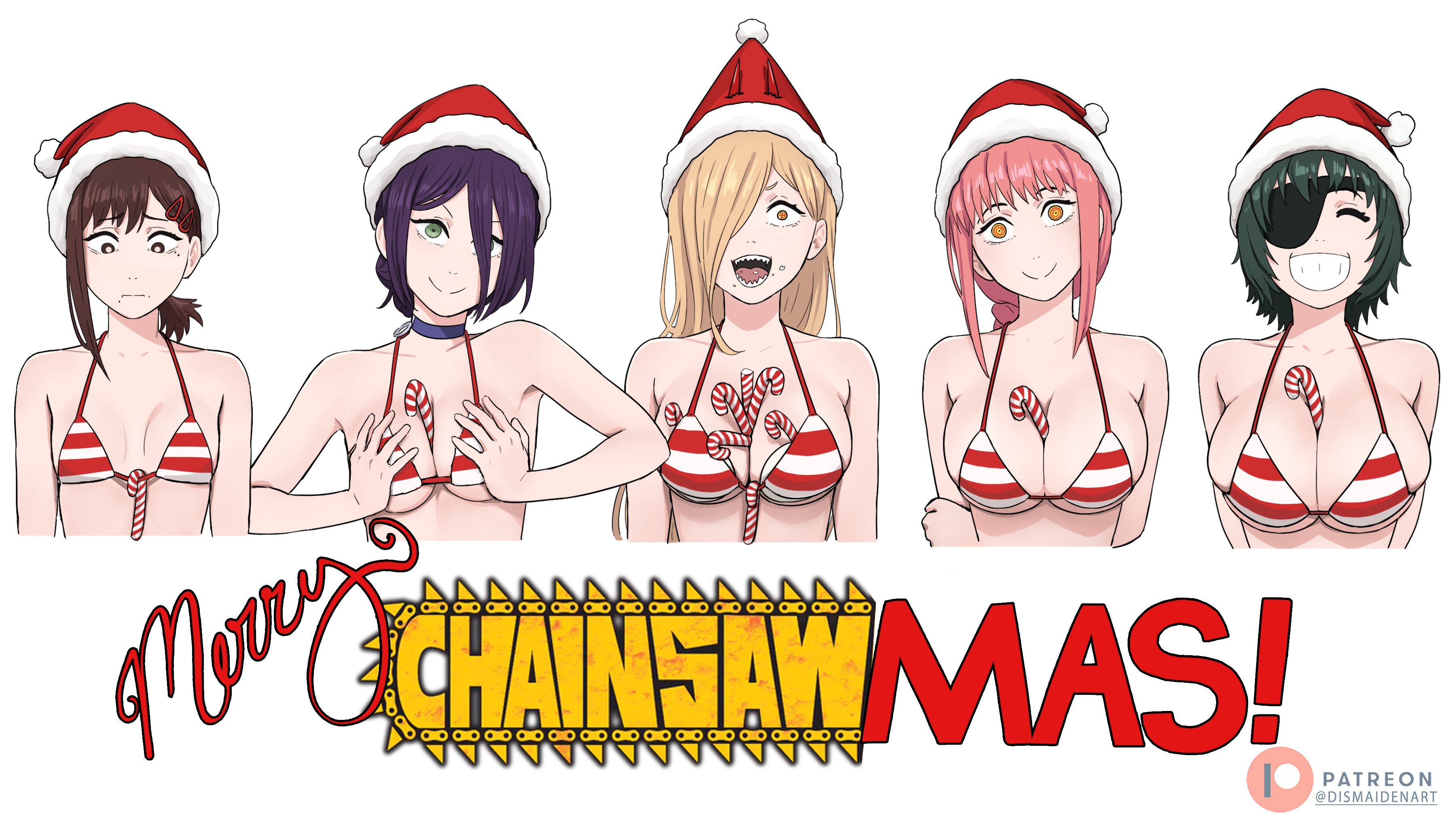 1girls, ass, big ass, big breasts, bikini, bra, breasts, candy cane, chainsaw man, christmas, cleavage, dismaiden, female, female only, higashiyama kobeni, himeno (chainsaw man), makima (chainsaw man), mappa, power (chainsaw man), reze (chainsaw man), santa hat, smile, underboob, wholesome