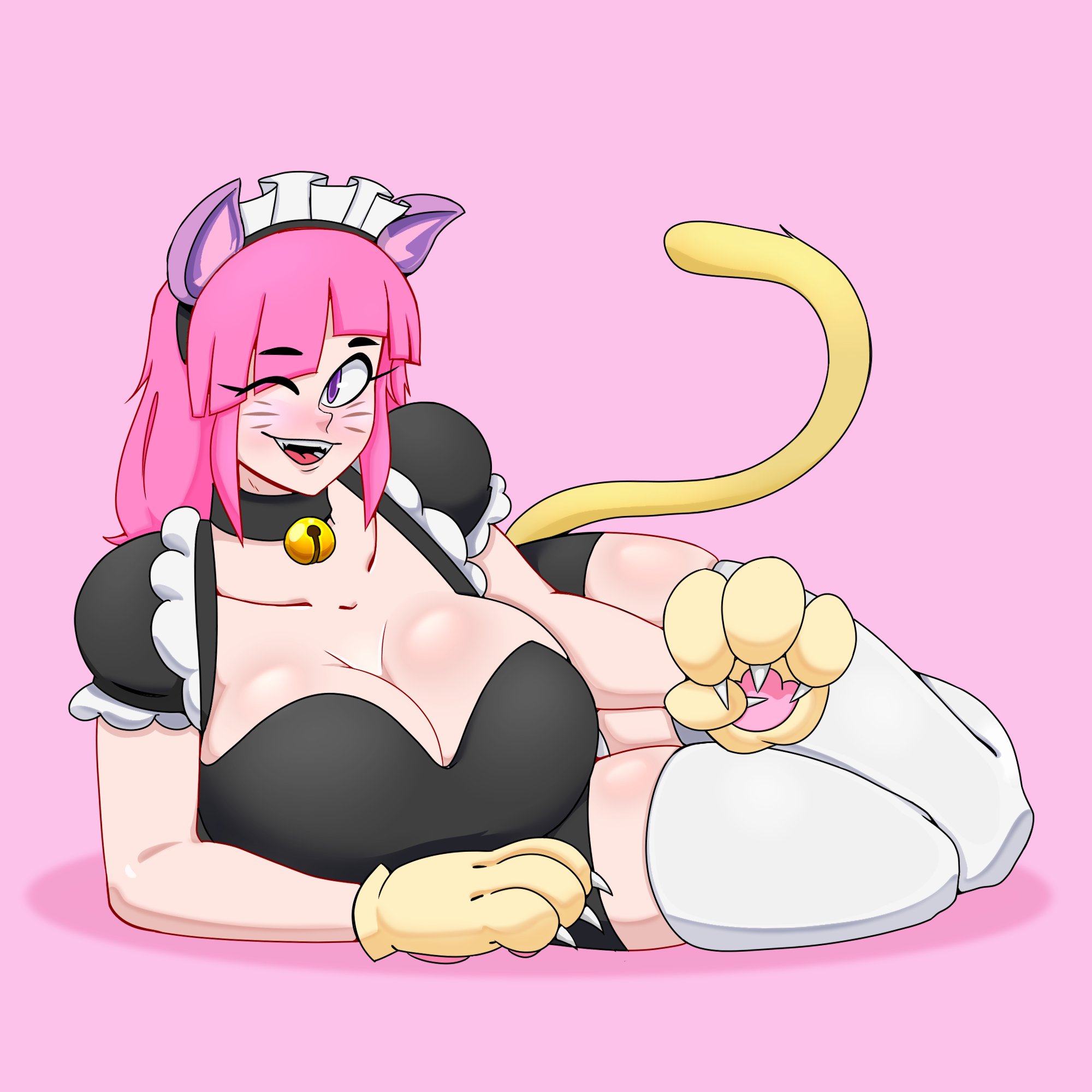 1girls, 2023, big breasts, brawl stars, breasts, cat ears, cat tail, ceo of lizards, colette (brawl stars), curvy, female, female only, maid, maid uniform, paw gloves, paws, pink hair, pinku pawlette, supercell, tagme, voluptuous, wink