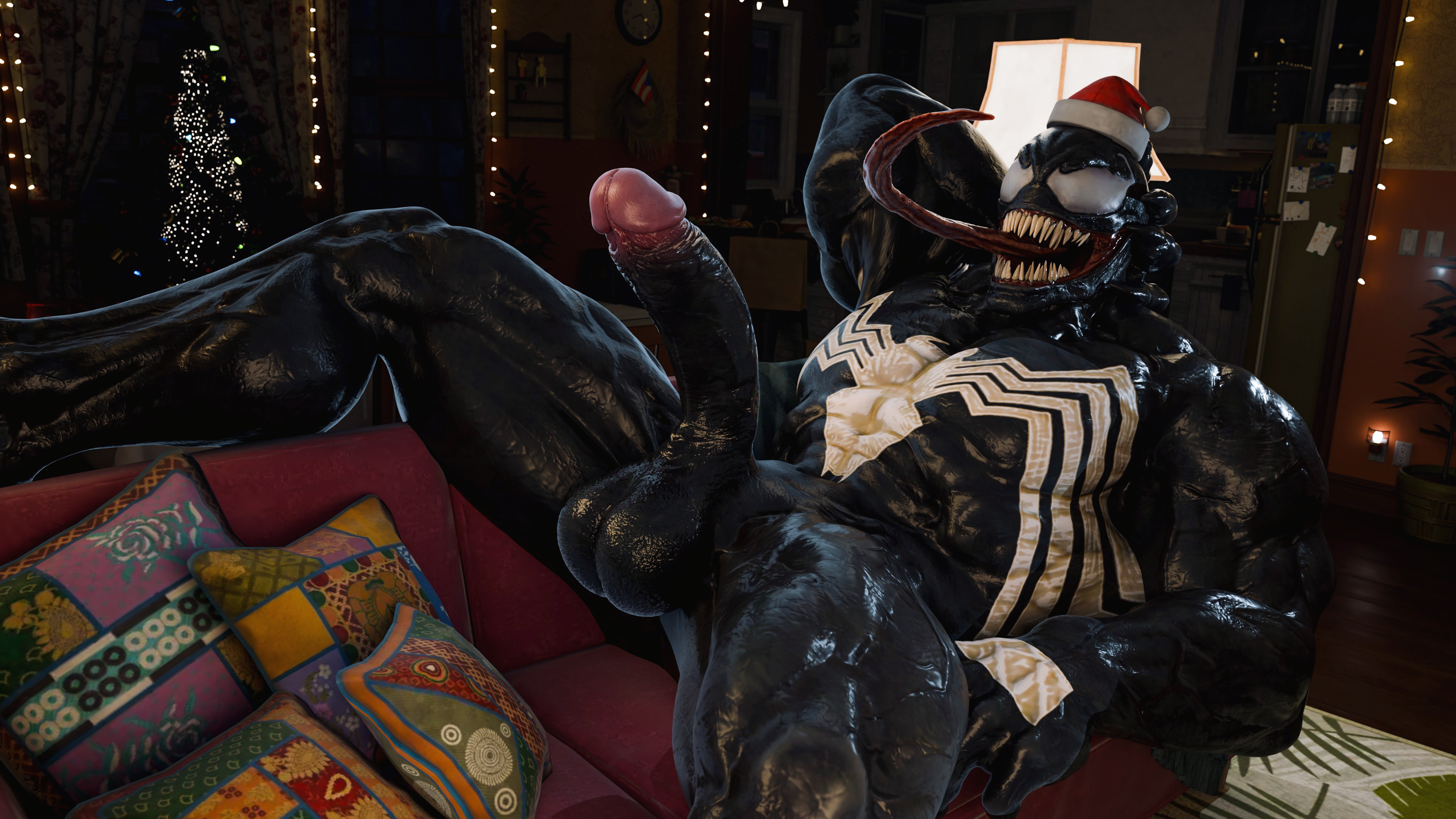 1boy, 2023, alien, balls, bara, big balls, big penis, black body, christmas, erection, gay, hard on, holidays, huge balls, huge cock, male, male focus, male only, marvel, marvel comics, masculine male, muscular, muscular male, penis, solo, solo male, spider-man (series), symbiote, venom, venom (marvel), yaoi